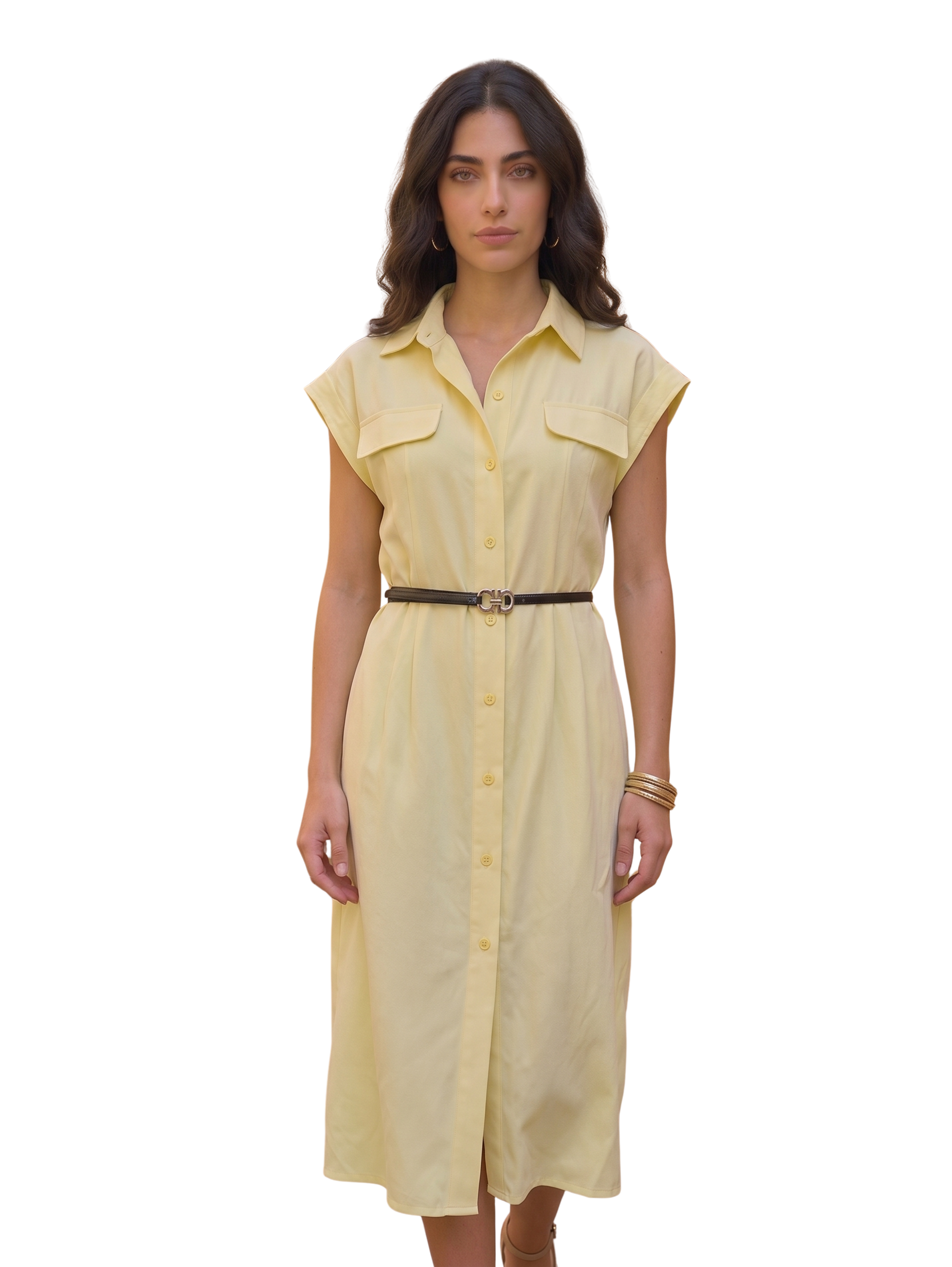 Yellow Short Cap Sleeves Dress With Front Button Down Closure