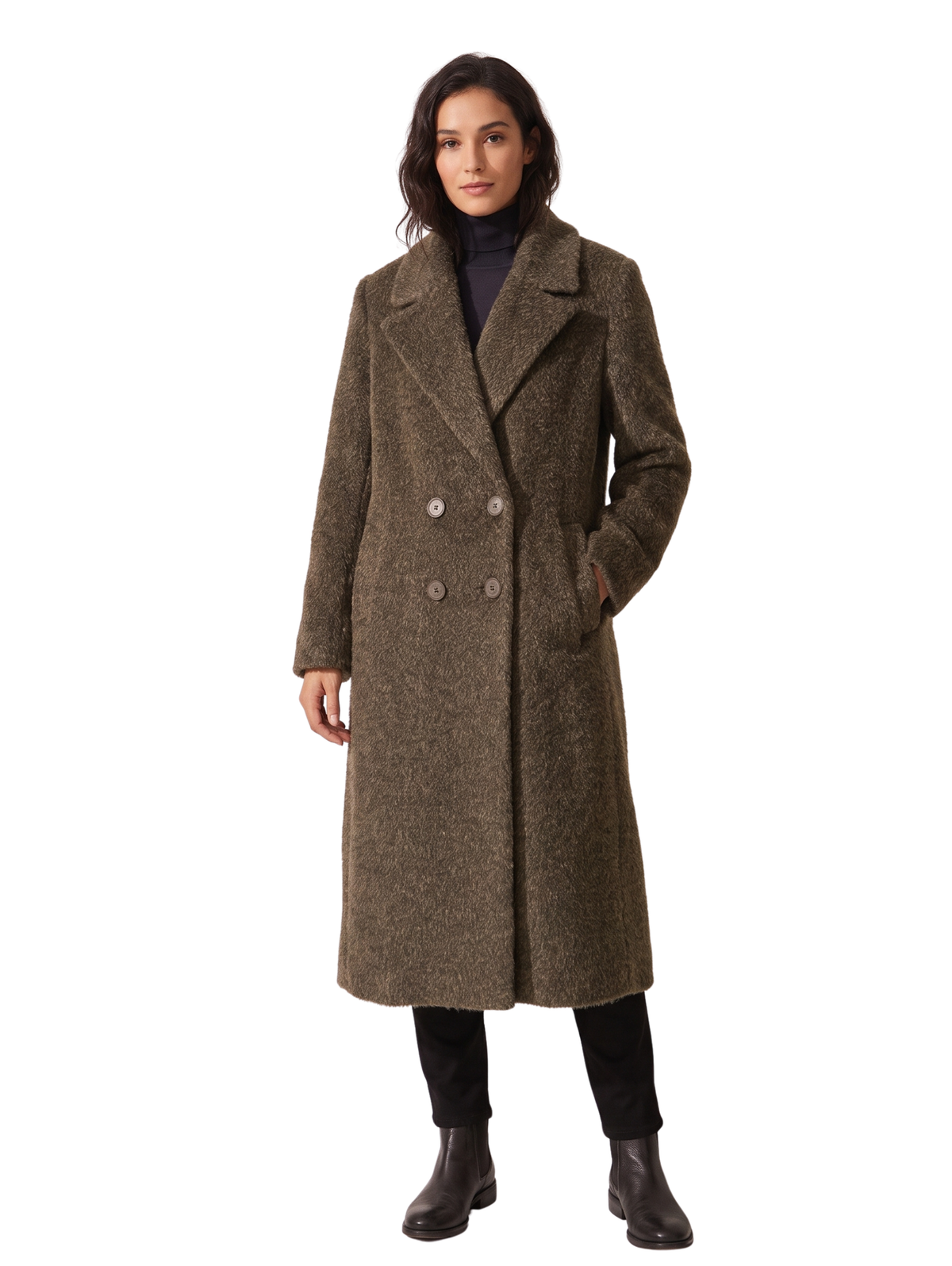 Brown Long Double-Breasted Charcoal Coat