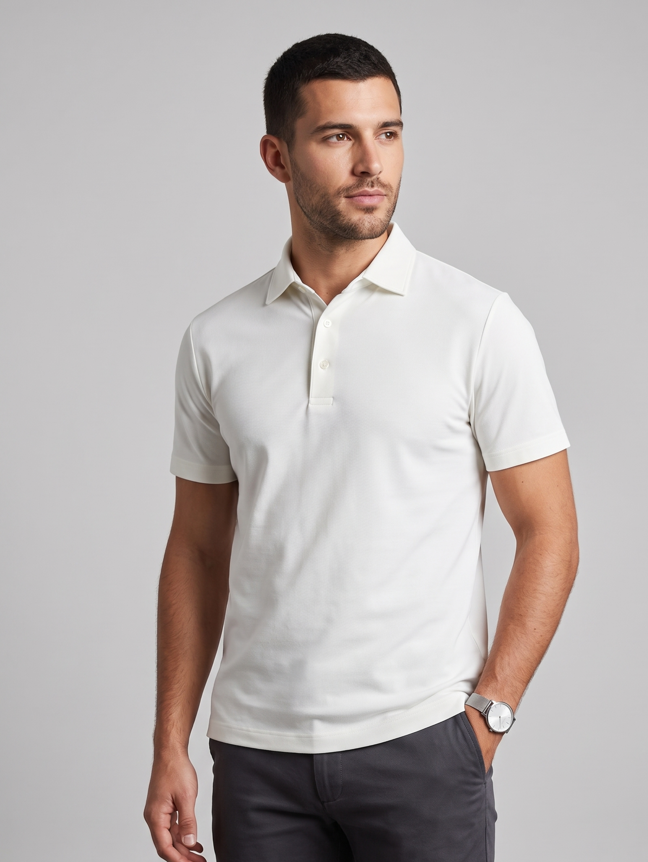 White Short Sleeved Polo Shirt With Classic Spread Collar