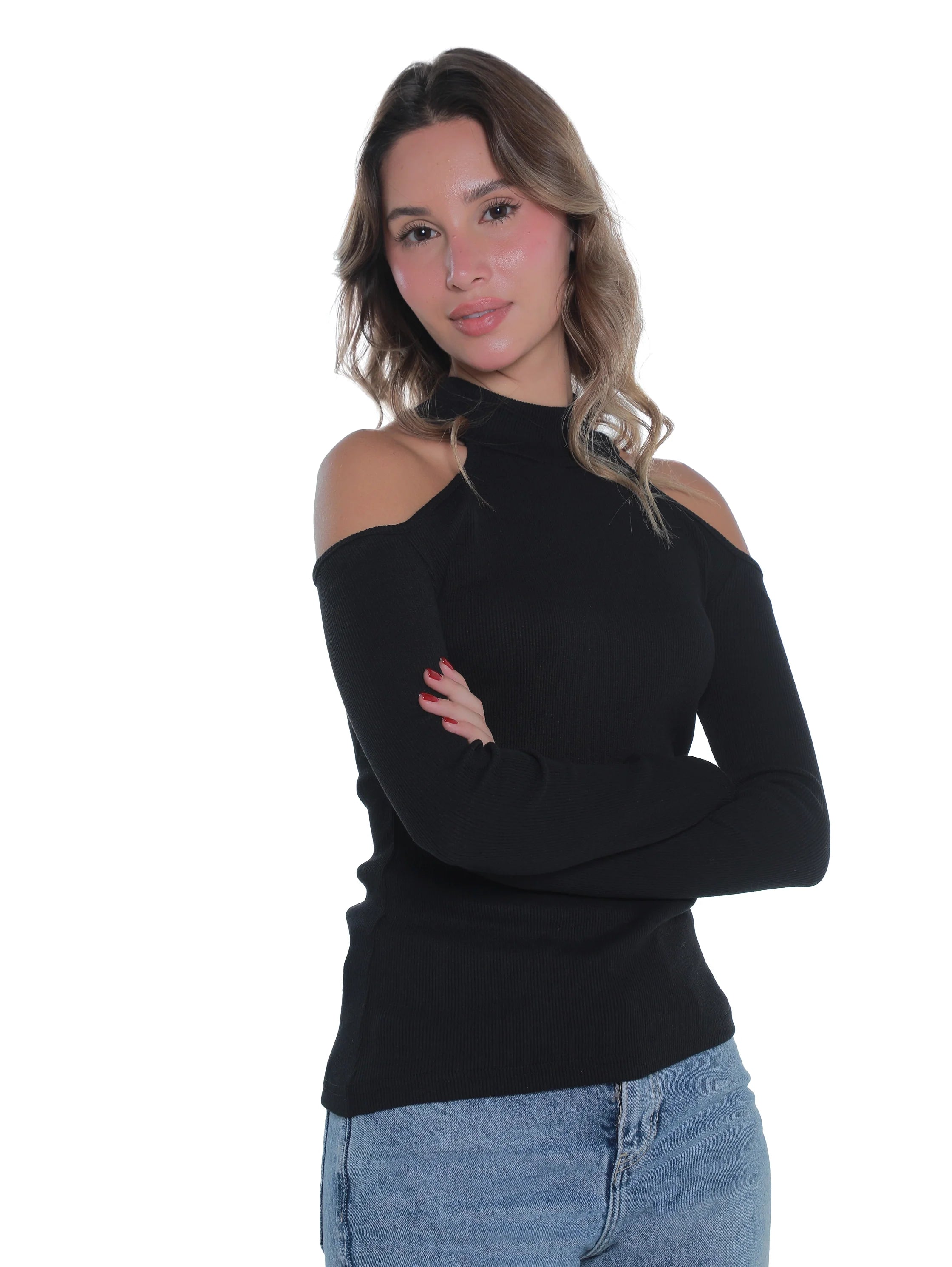 Black Ribbed Top With Open Shoulder