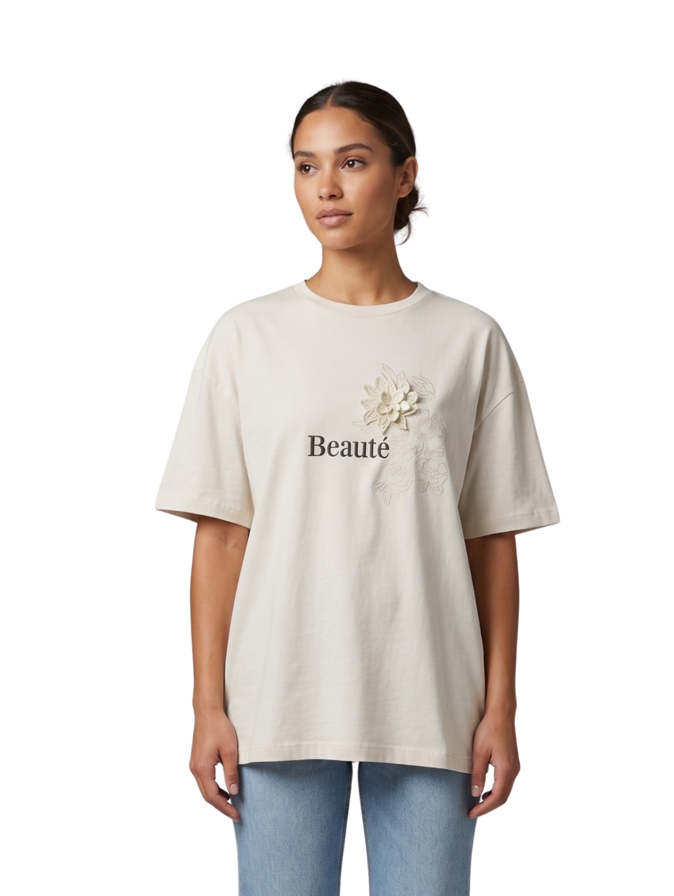 Stone Short Sleeved Round Neck T-Shirt With Floral Design