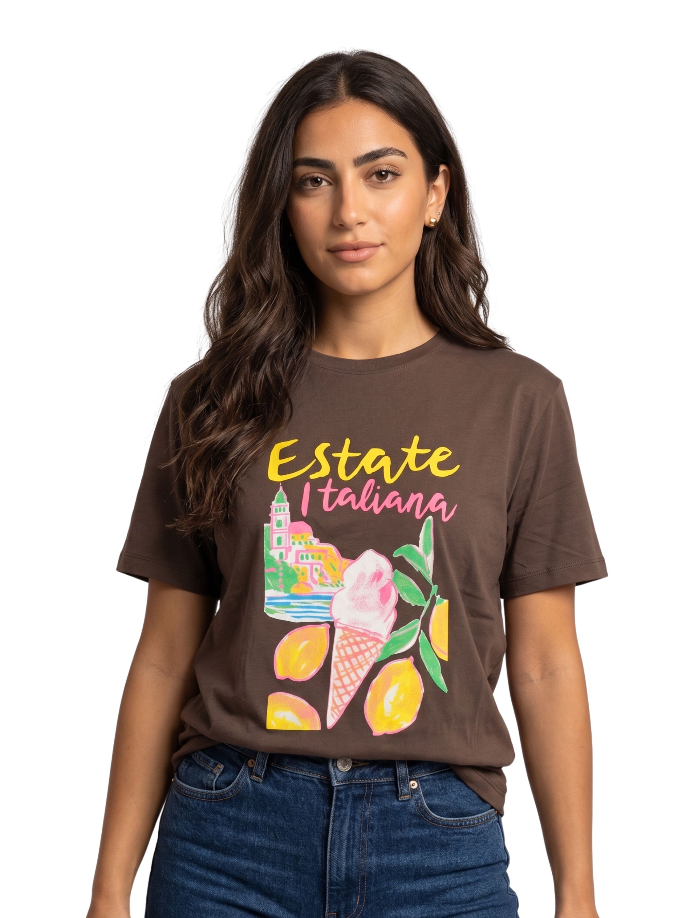 Brown Round Neck T-Shirt With Printed Design