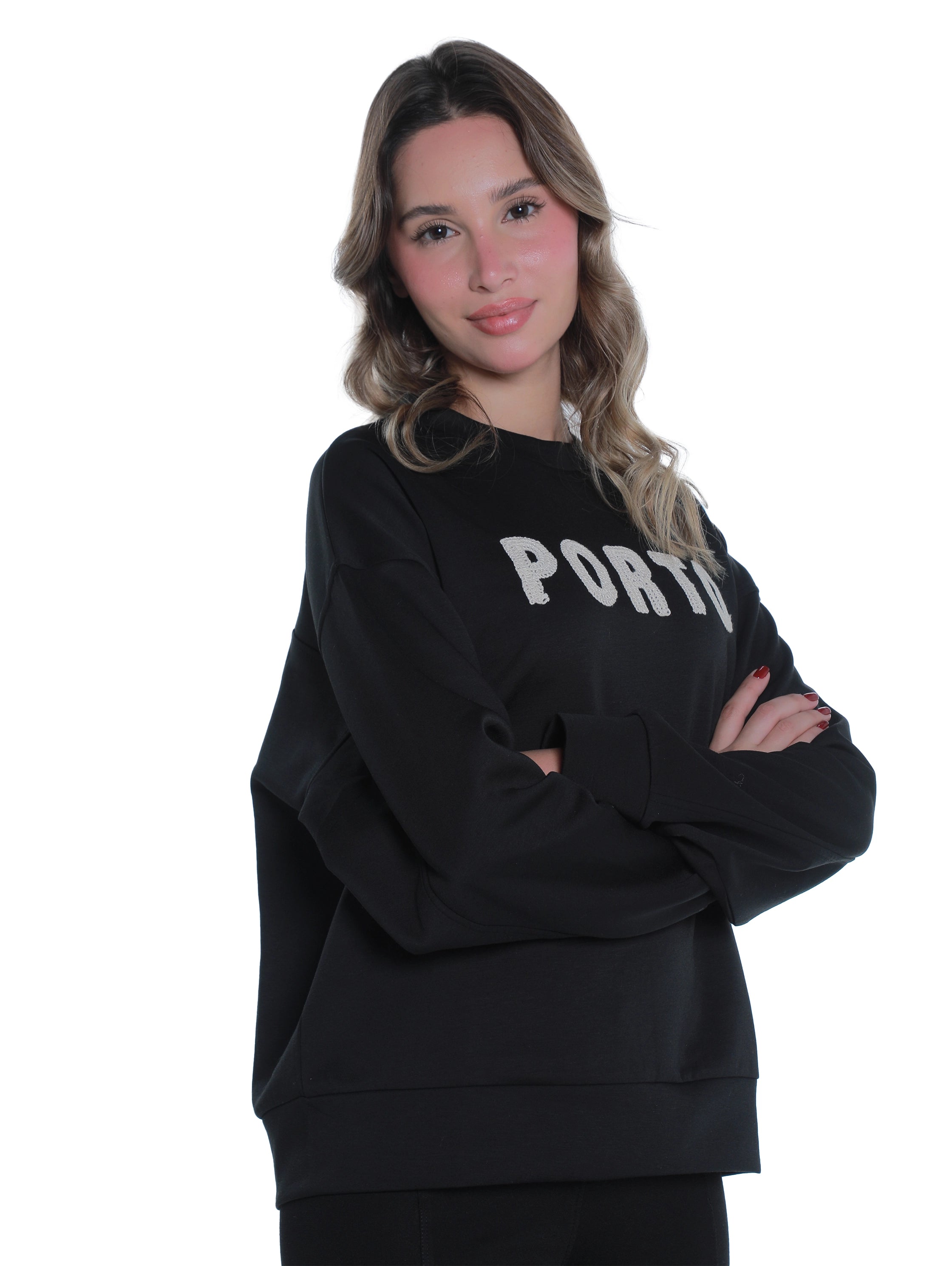 Round Neck Black Sweater With "Porto" Front Design