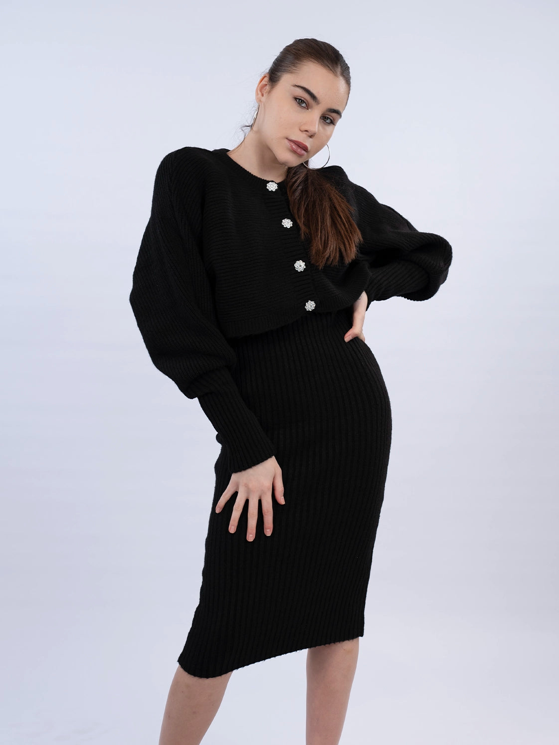 Black Dress With Cardigan Knit Wear Set