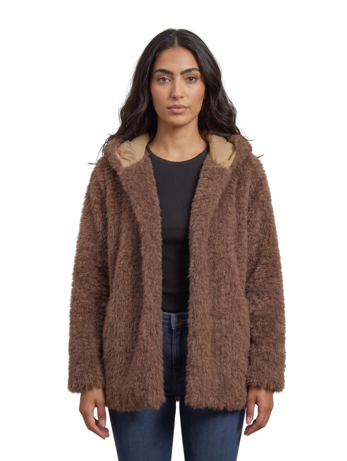 Brown Shaggy Fur Hooded Zip Up Jacket