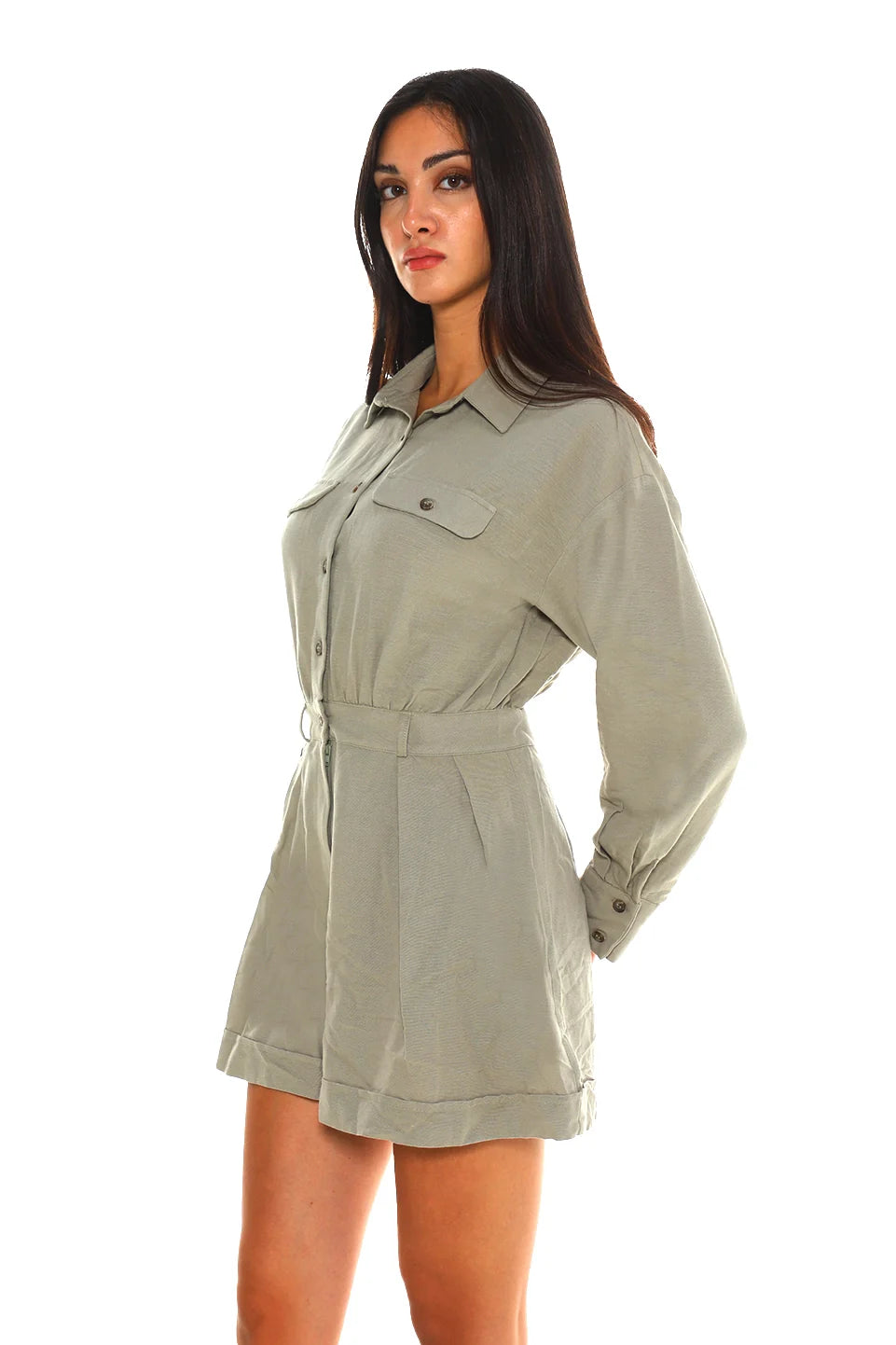 Casual Buttoned Short Khaki Jumpsuit