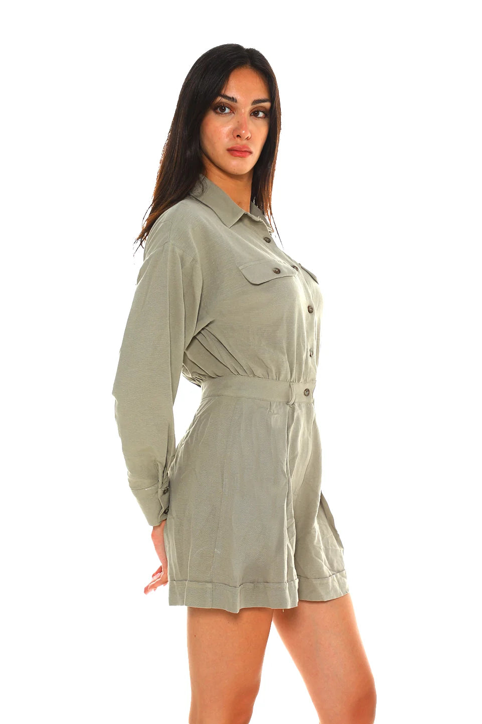 Casual Buttoned Short Khaki Jumpsuit