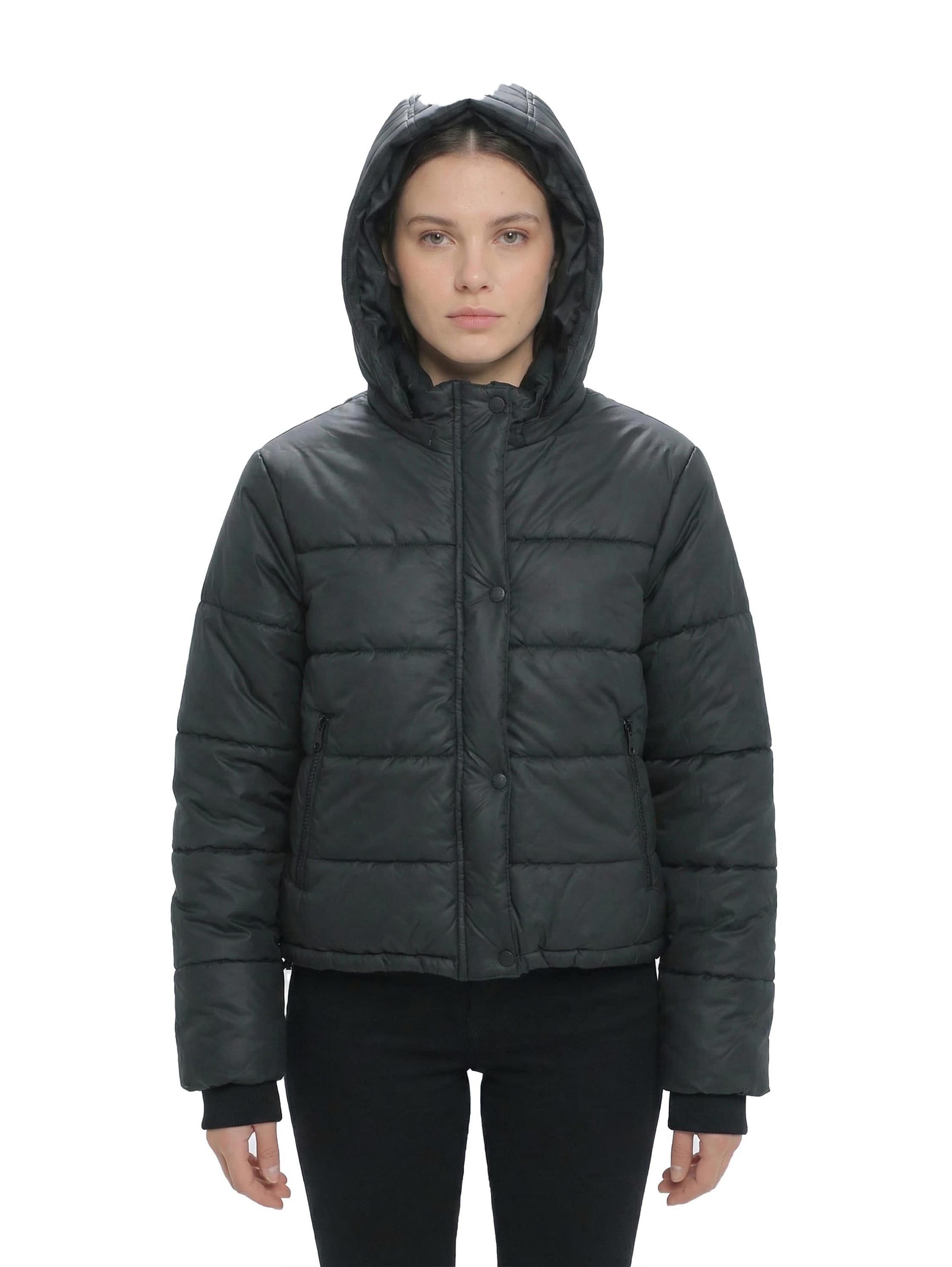 Black Padded Puffer Jacket With Stand up Collar & Hoodie