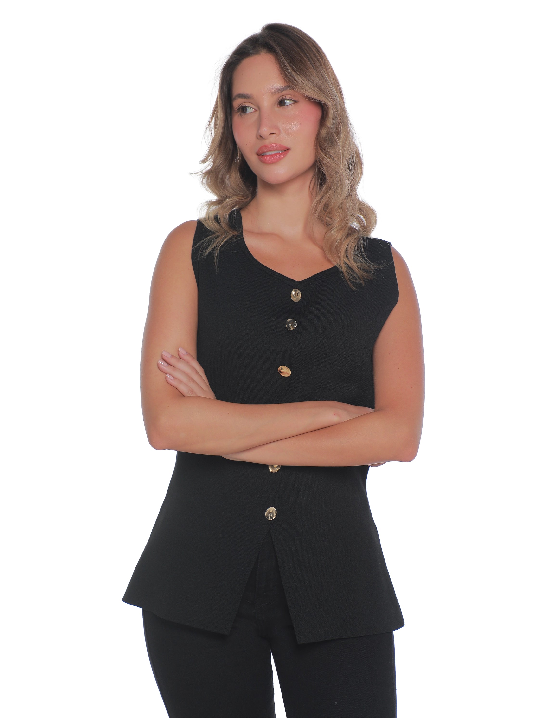 Classy Black Vest With Gold Button To Close