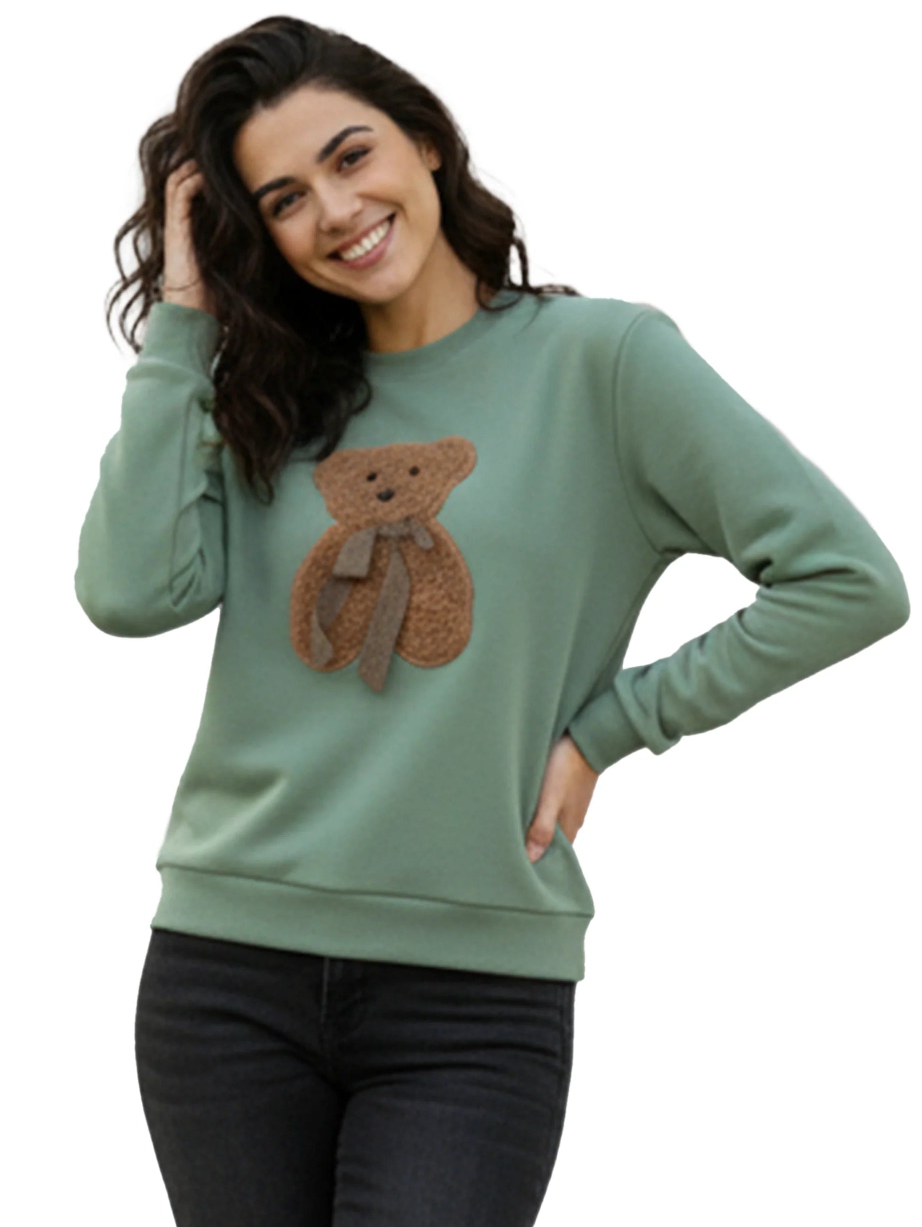 Round Neck Cotton Mint Pullover With Bear Front Design