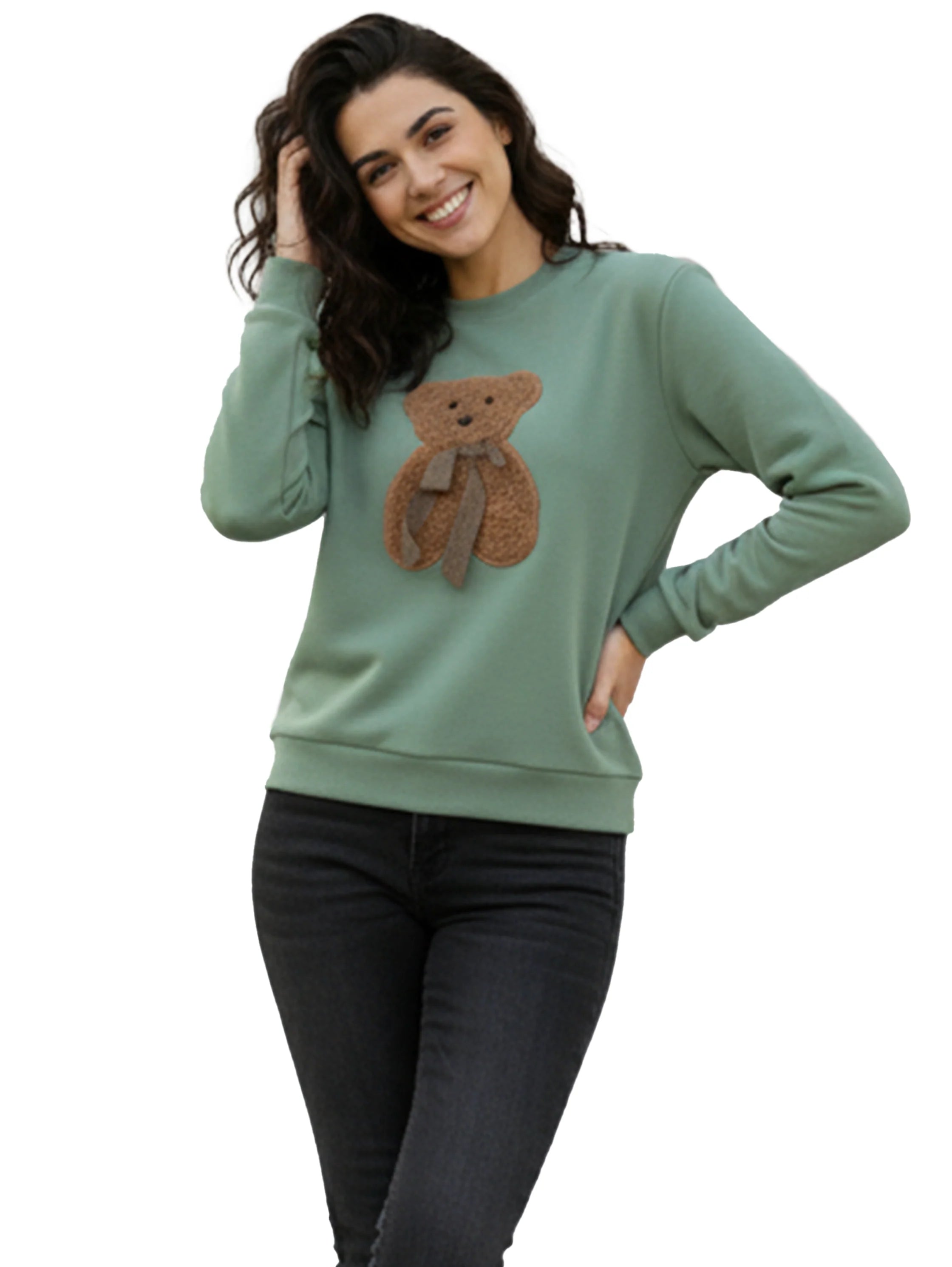 Round Neck Cotton Mint Pullover With Bear Front Design