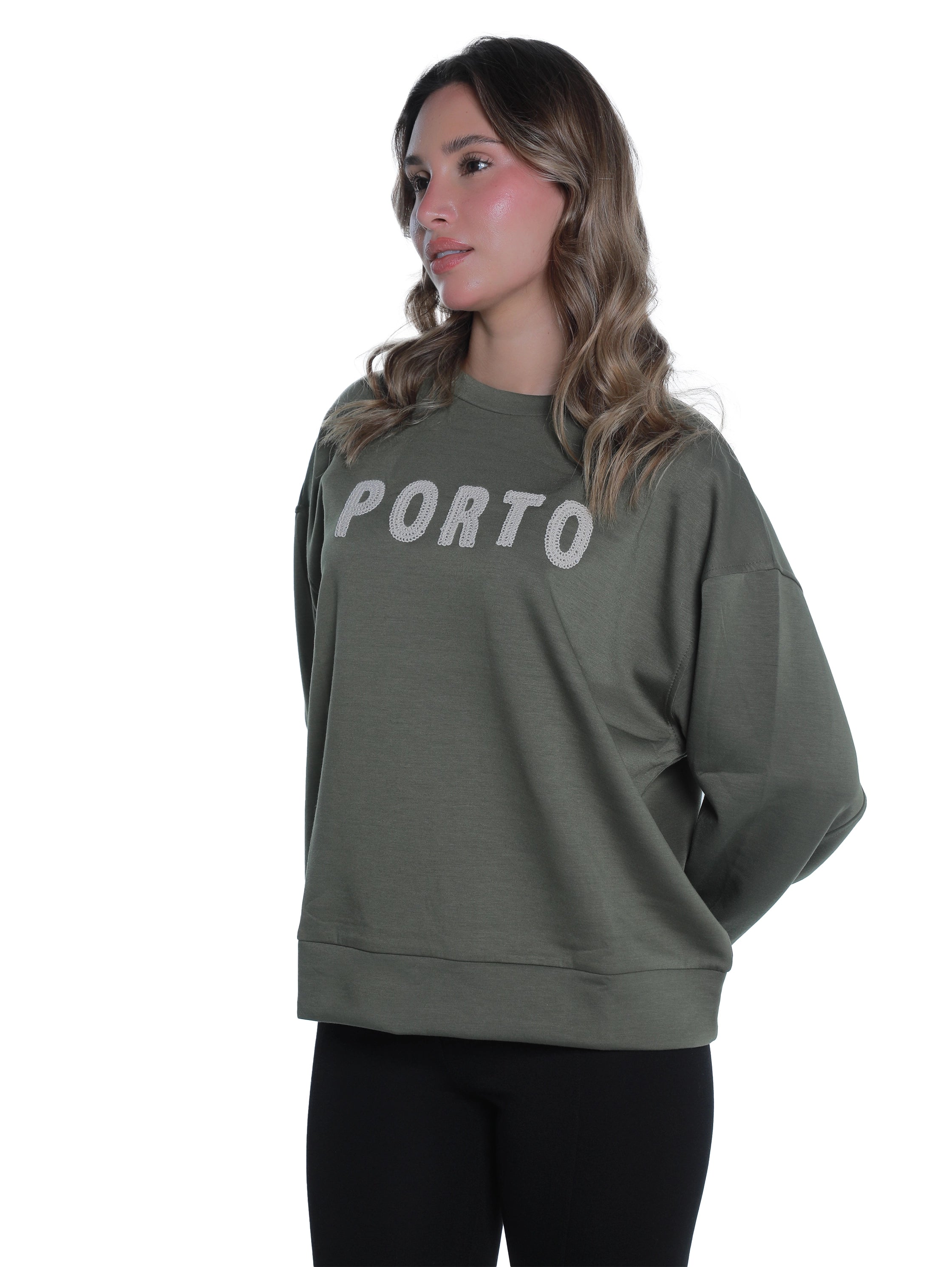 Round Neck Olive Sweater With "Porto" Front Design