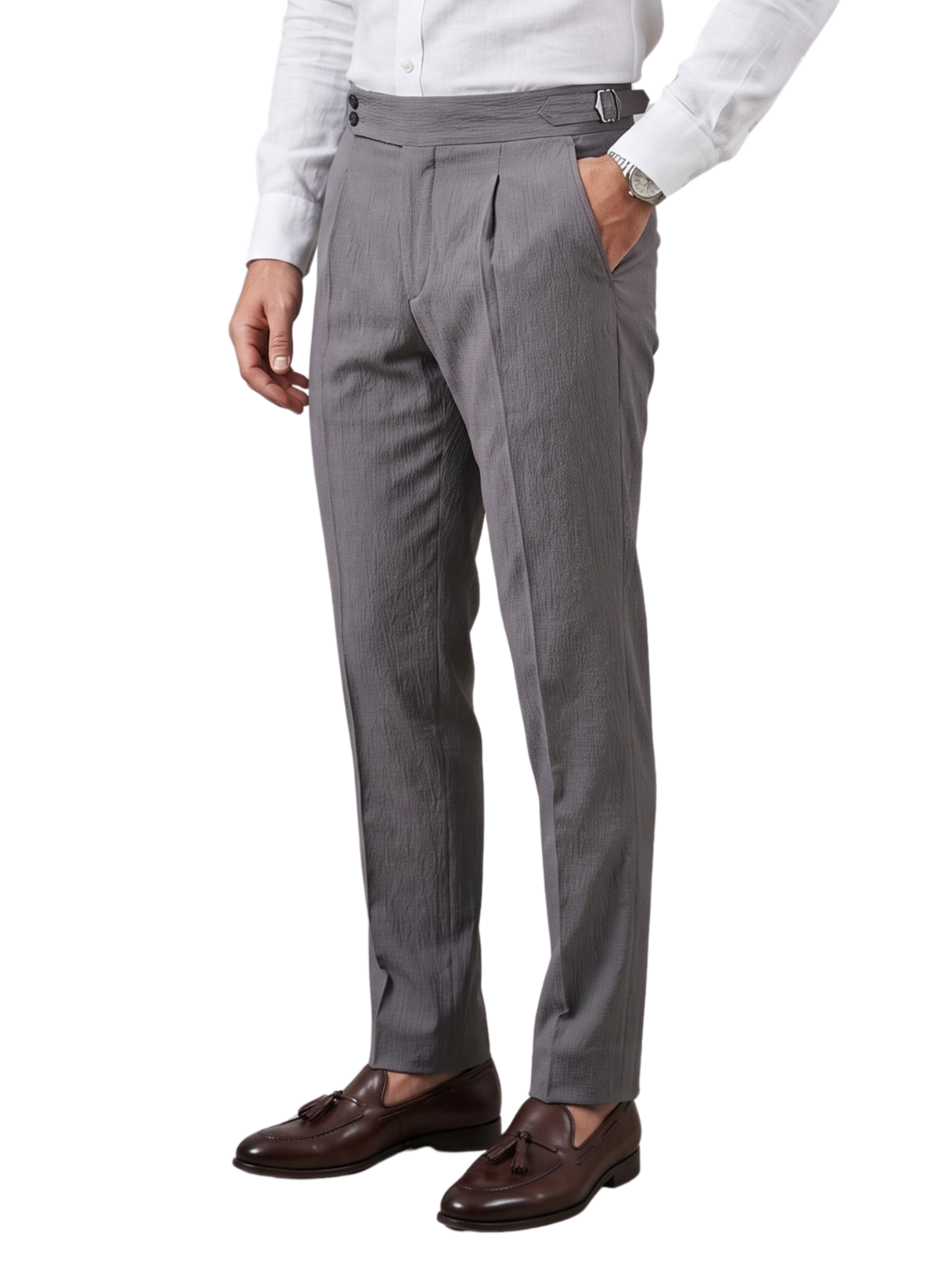 Dark Grey High Rise Pinstriped Pants With Side Adjusters