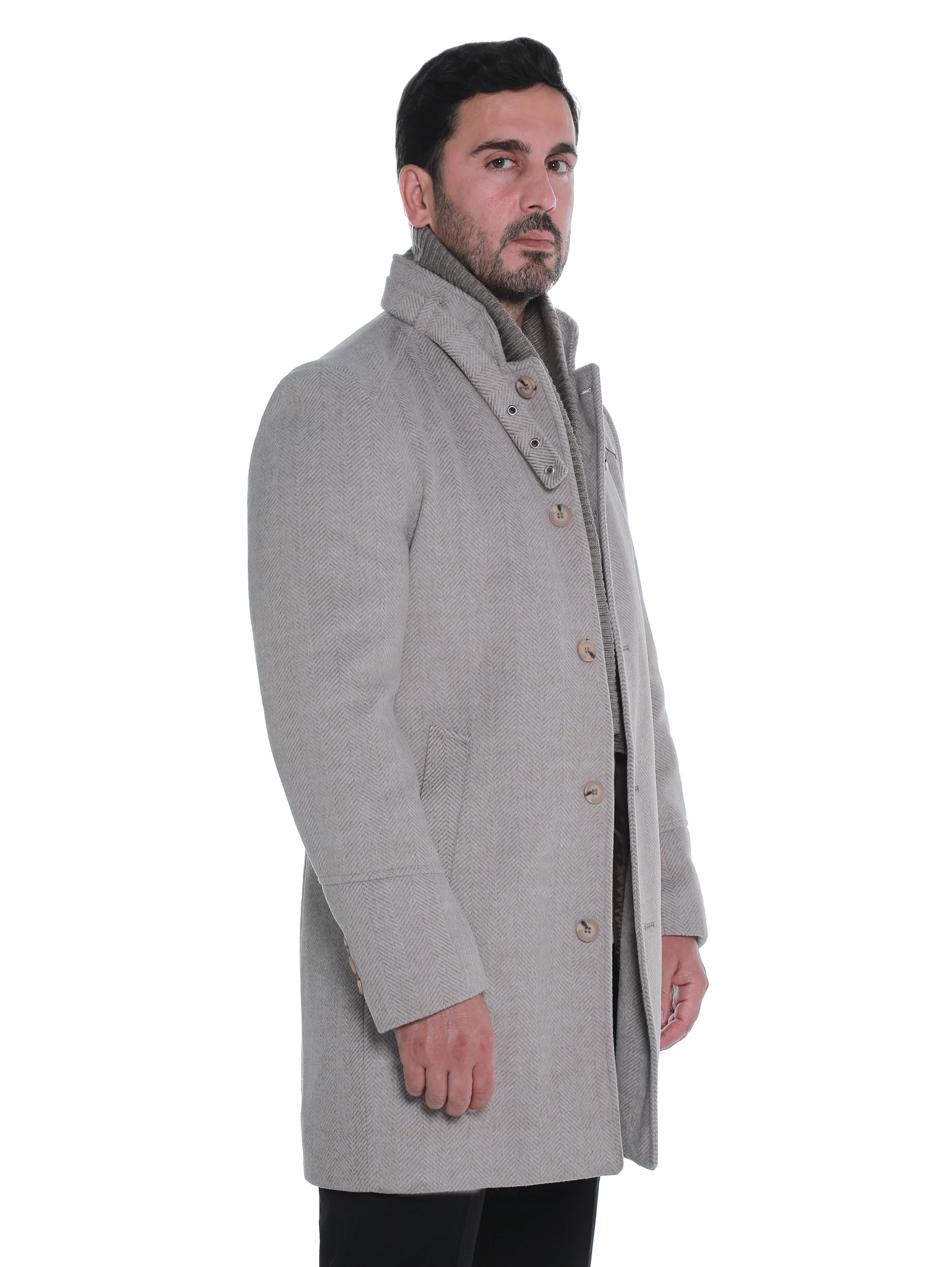 Beige Buttoned Coat With Side Slanted Pockets