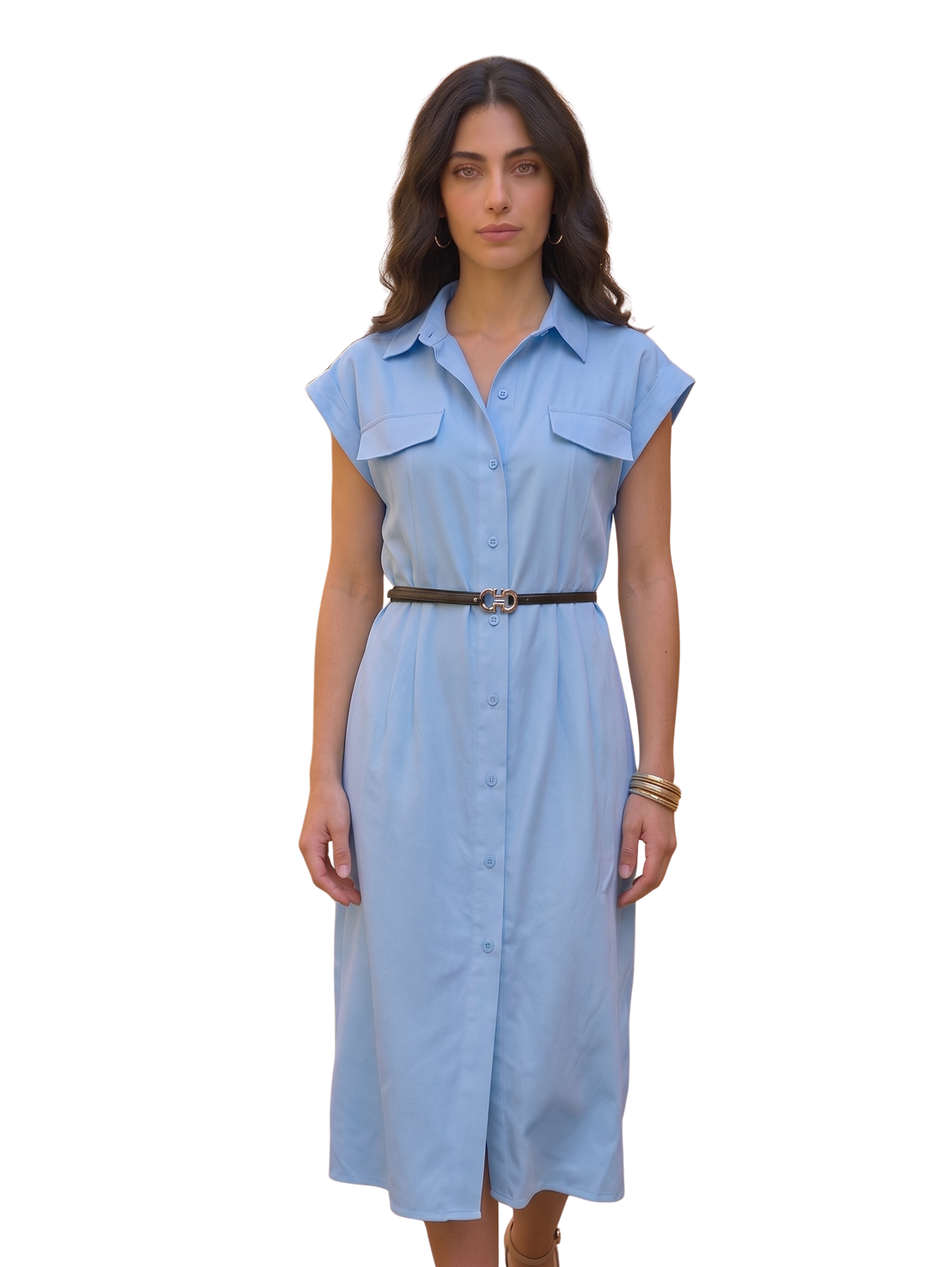 Blue Short Cap Sleeves Dress With Front Button Down Closure