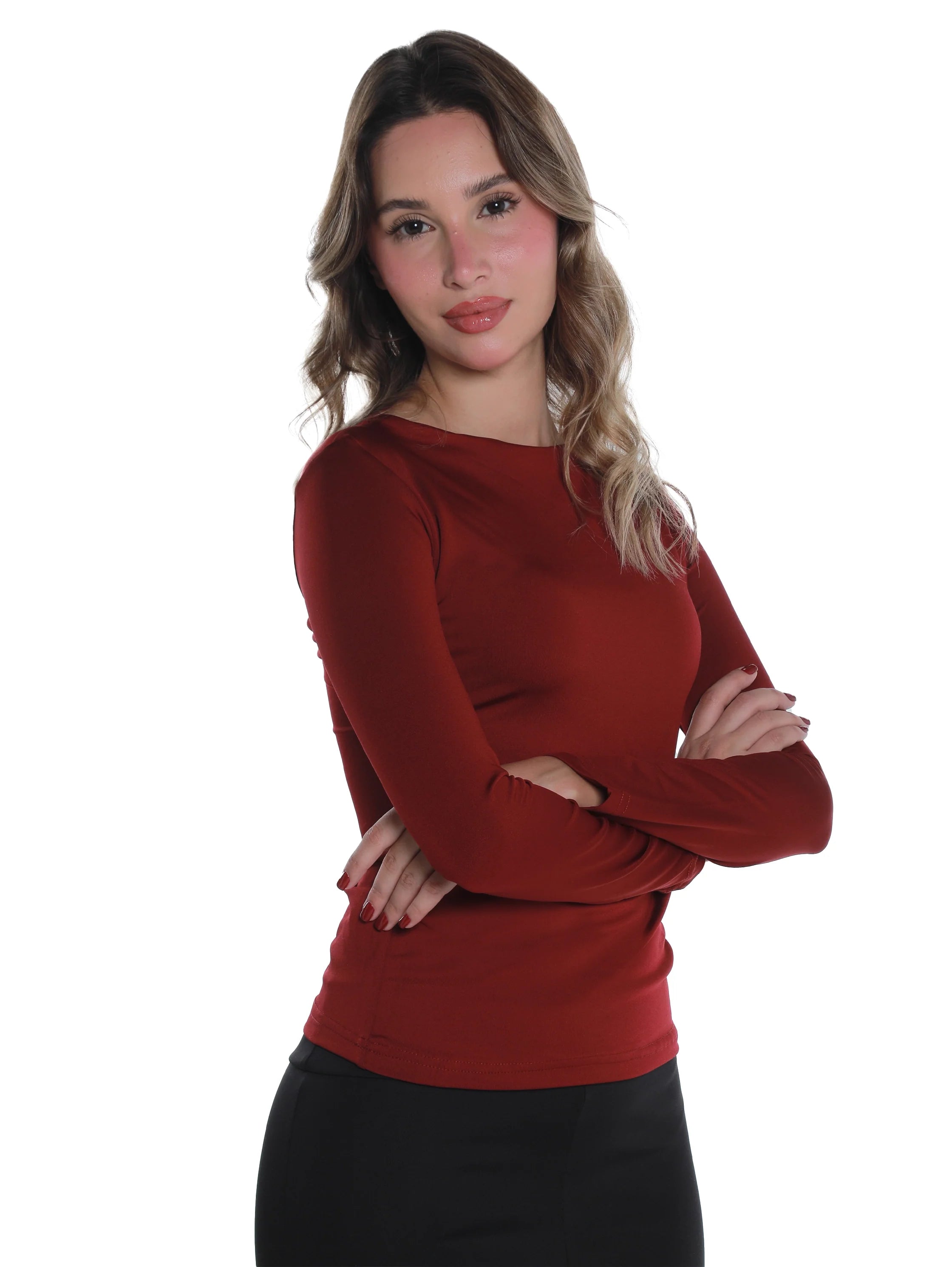 Long Sleeved Wine Basic Top Round Neck