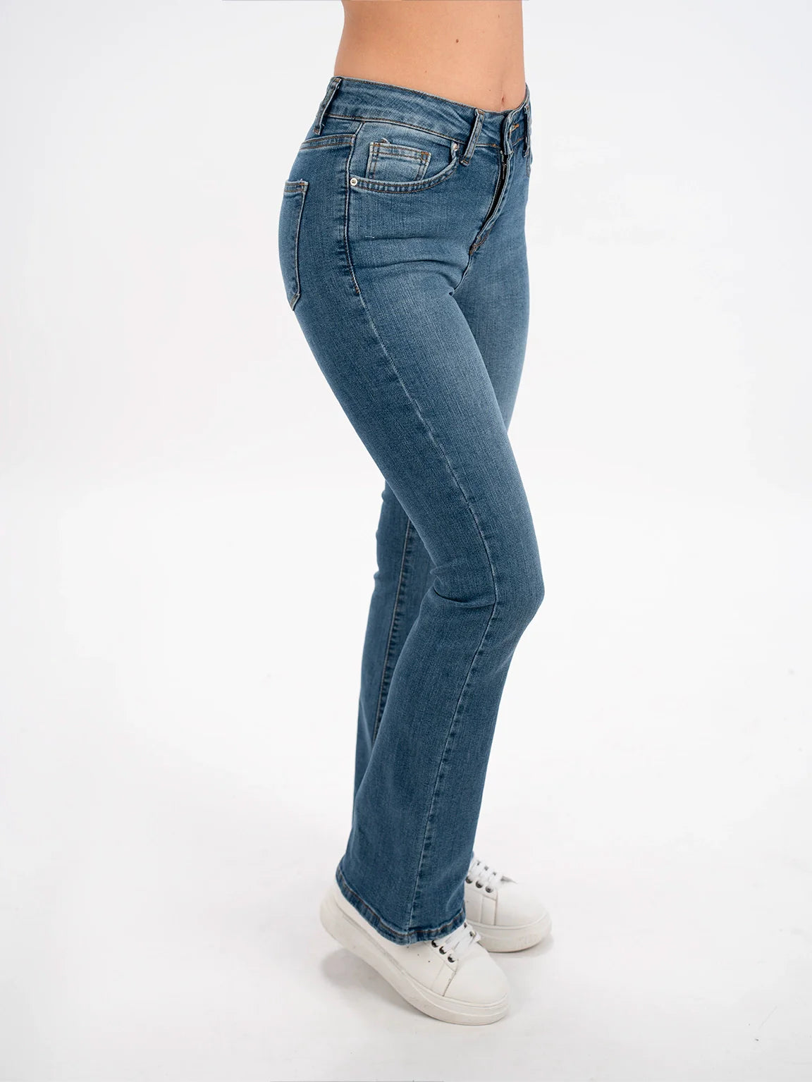 Blue Flare Jeans With Zipper & Button To Close