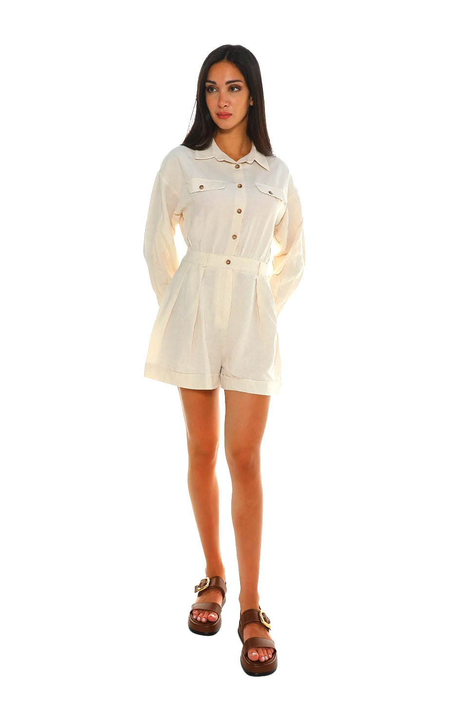 Casual Buttoned Short Beige Jumpsuit