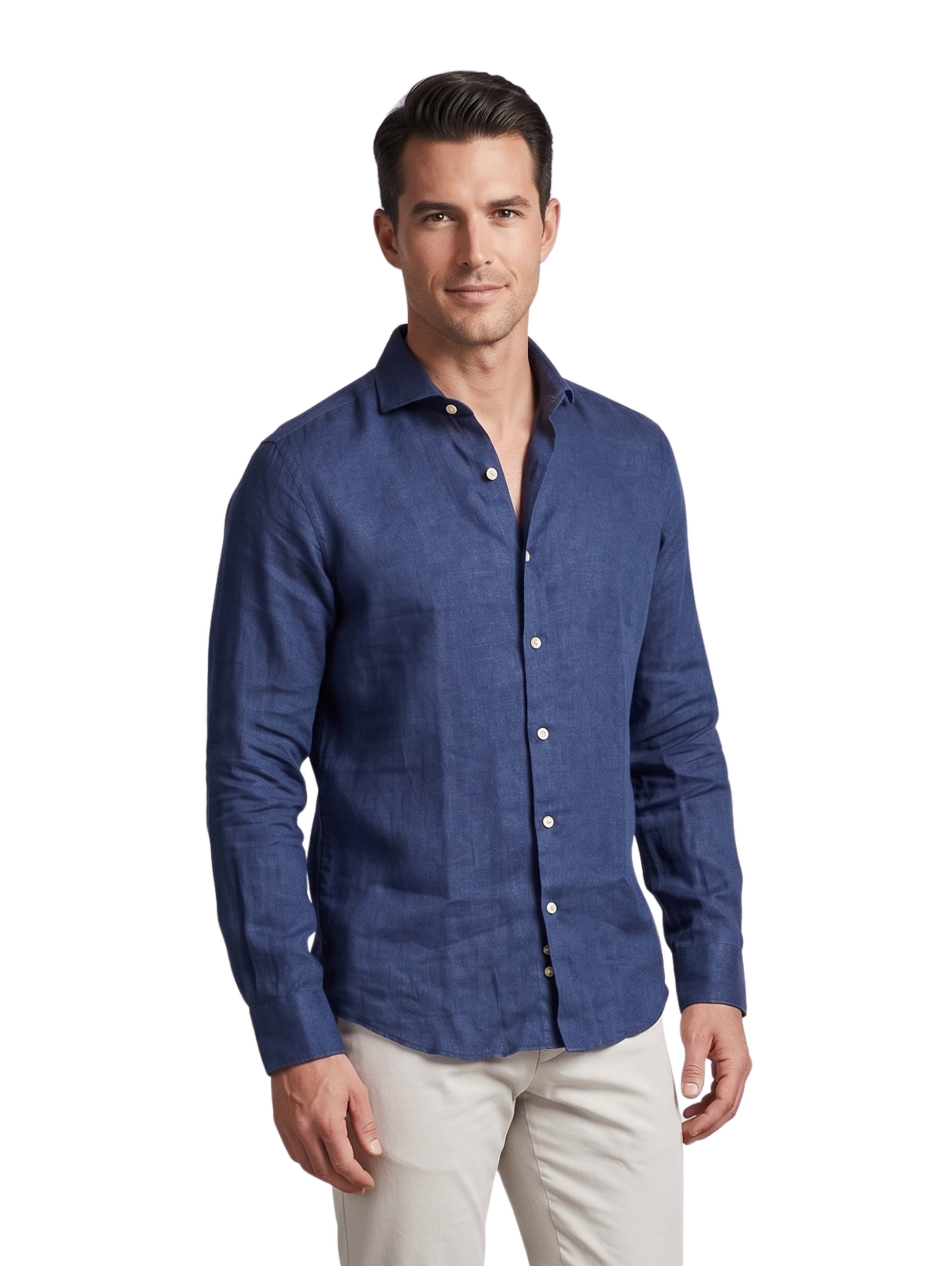 Navy Long Sleeved Regular Fit Linen Shirt
