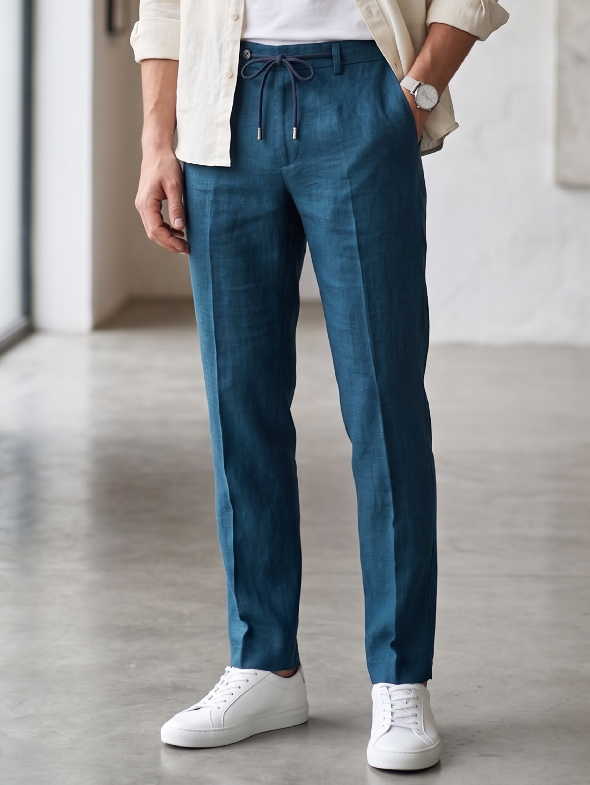 Navy Linen Pant With Waisted Tie