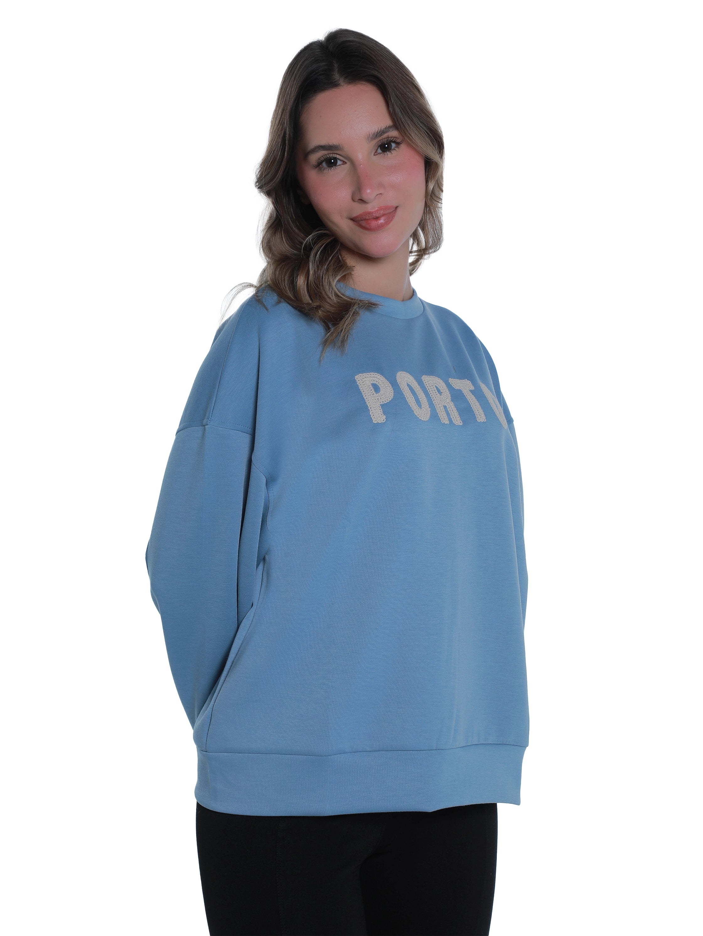 Round Neck Blue Sweater With "Porto" Front Design