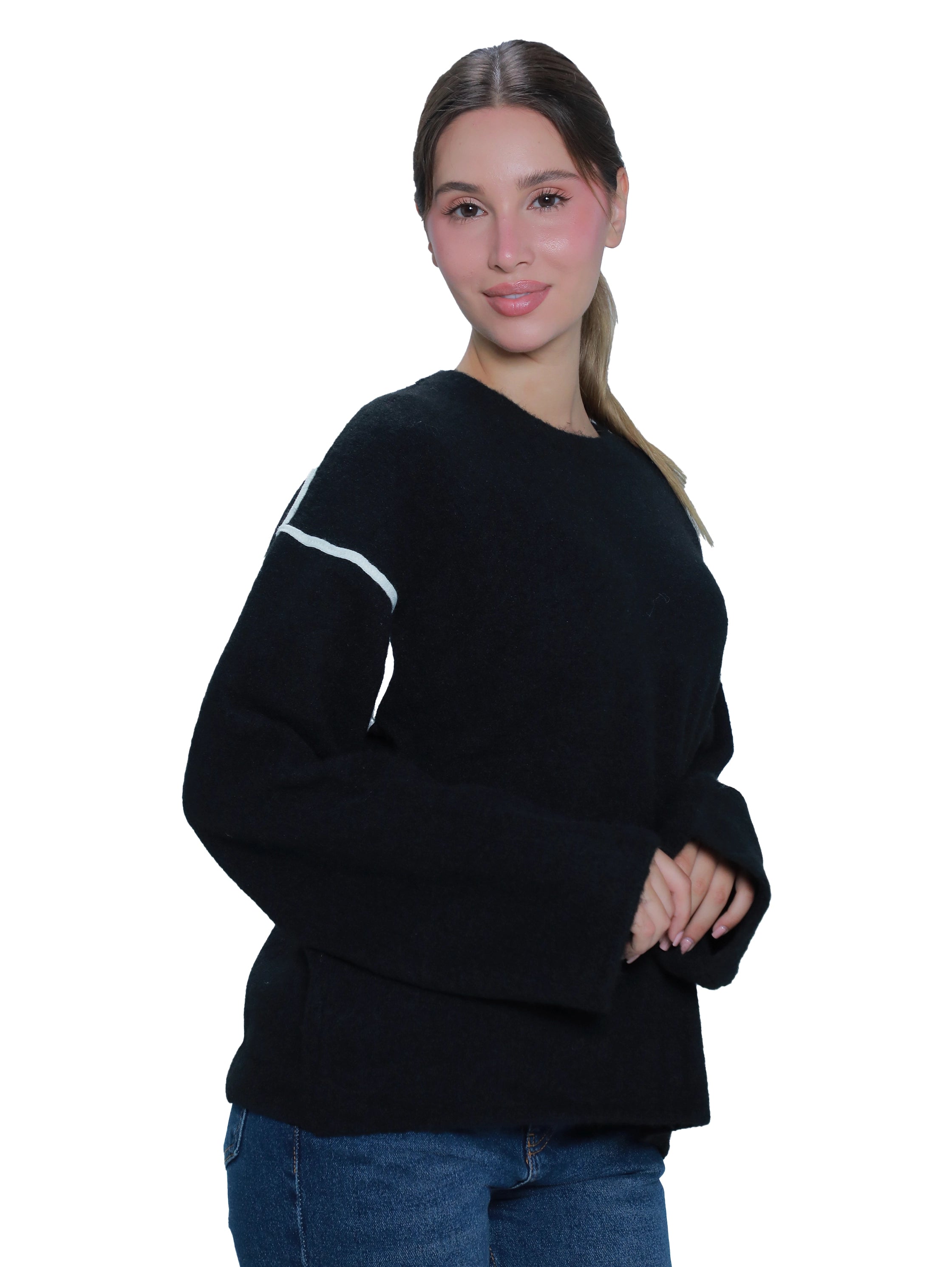 Round Neck Black Pullover With Open Ended Sleeves