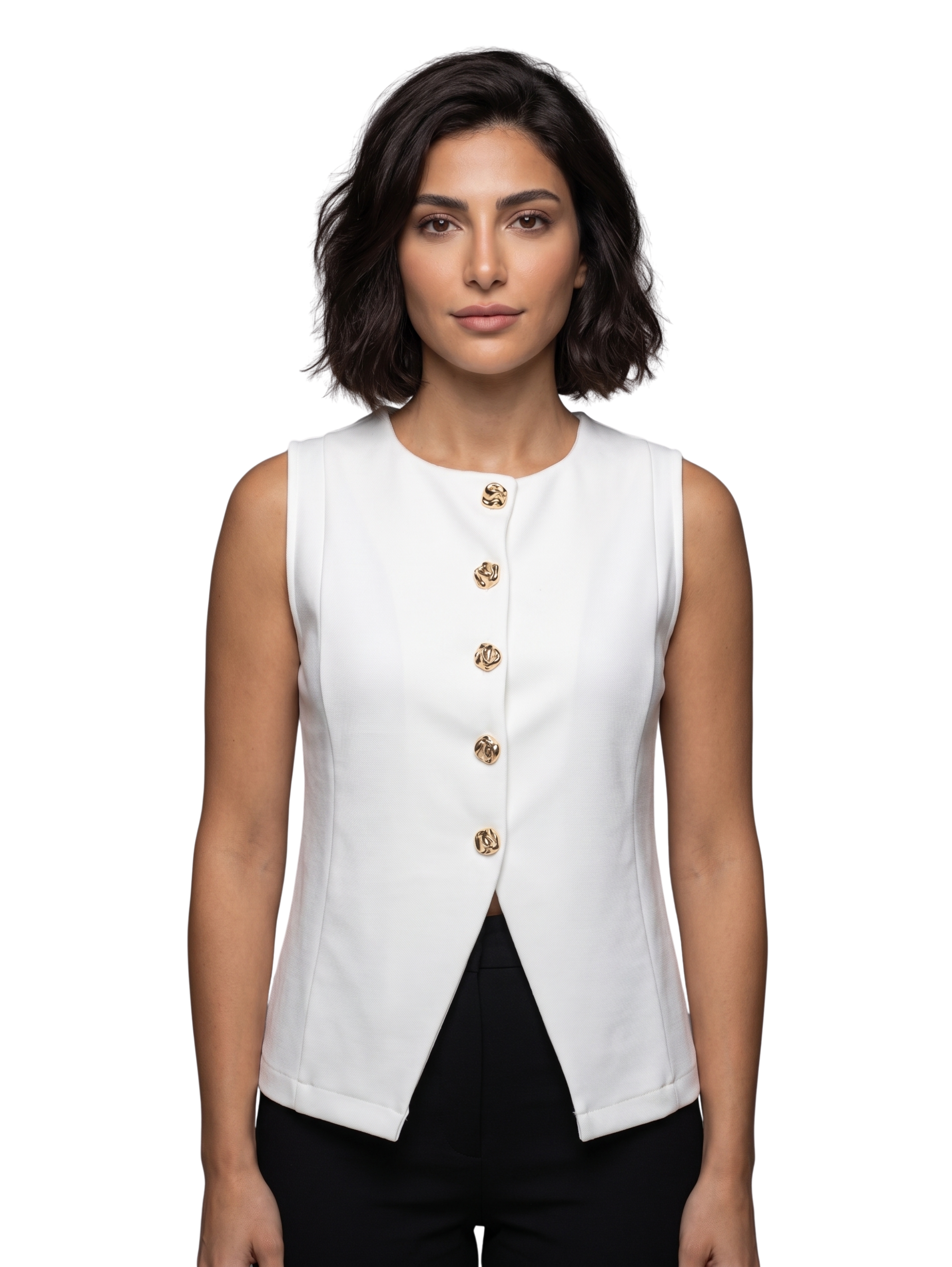 White Sleeveless Round Crew Neck With Five Decorative Buttons