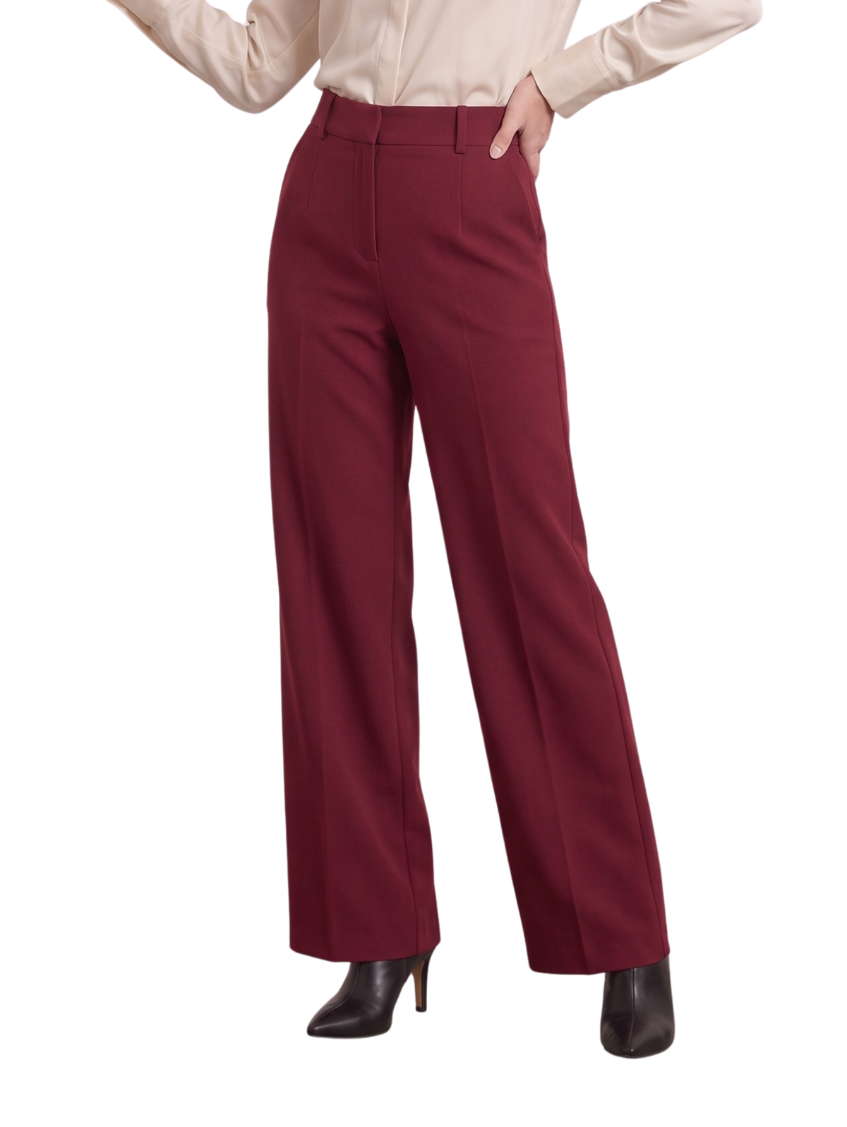 Wine Wide-Leg Pants with High Waist and Tailored Fit