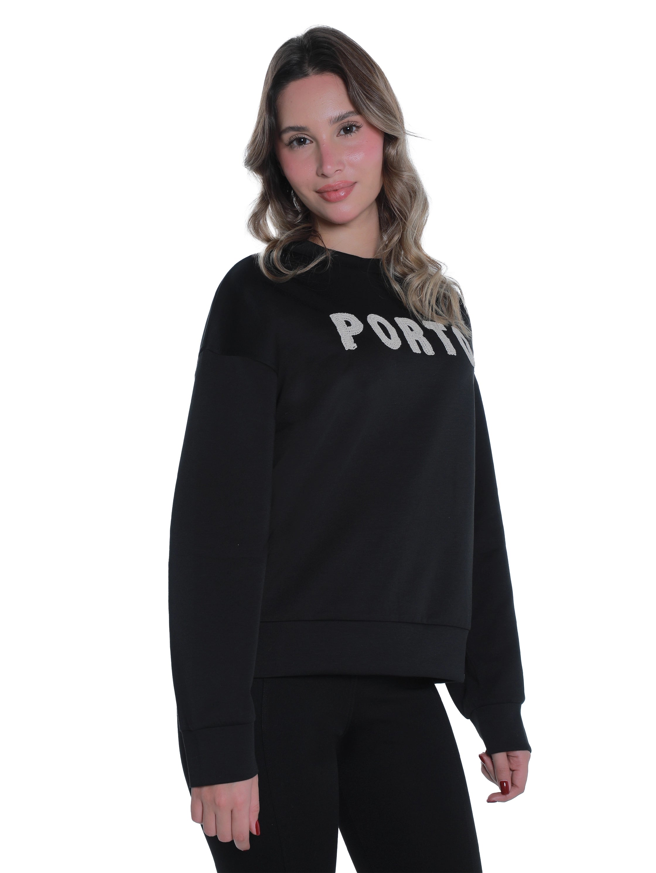 Round Neck Black Sweater With "Porto" Front Design