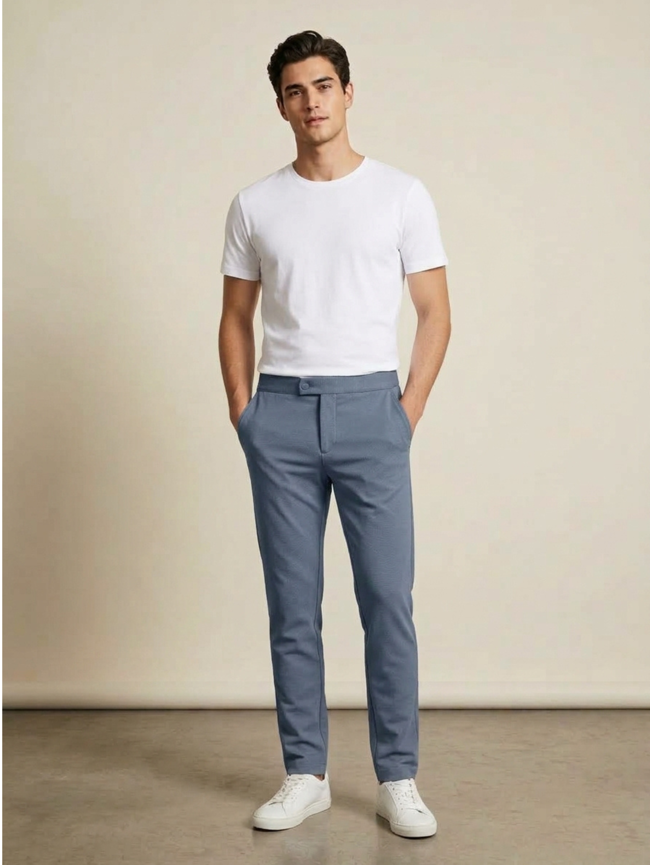 Blue Slim Straight Single Button Closure Pant With Back Elastic Waistband