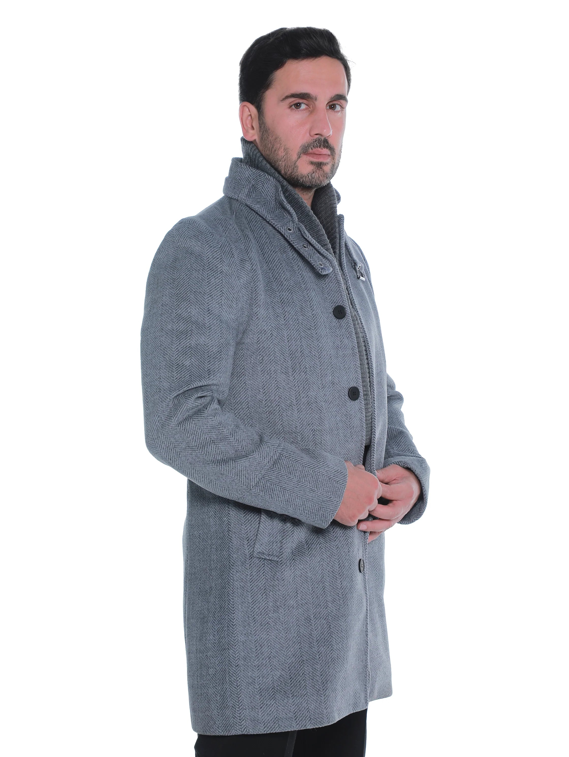 Grey Buttoned Coat With Side Slanted Pockets