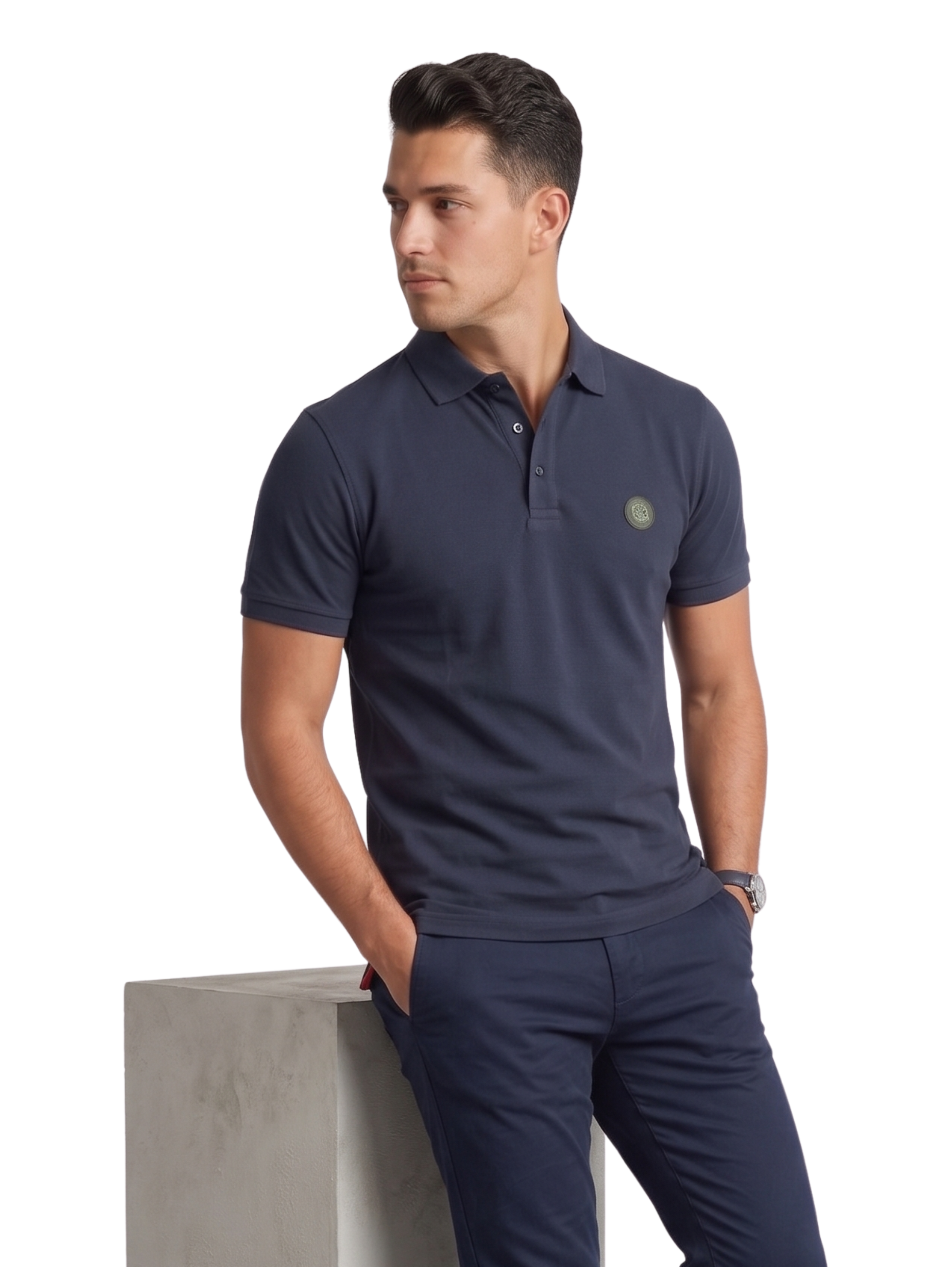 Navy Slim Fit Polo With Three Button