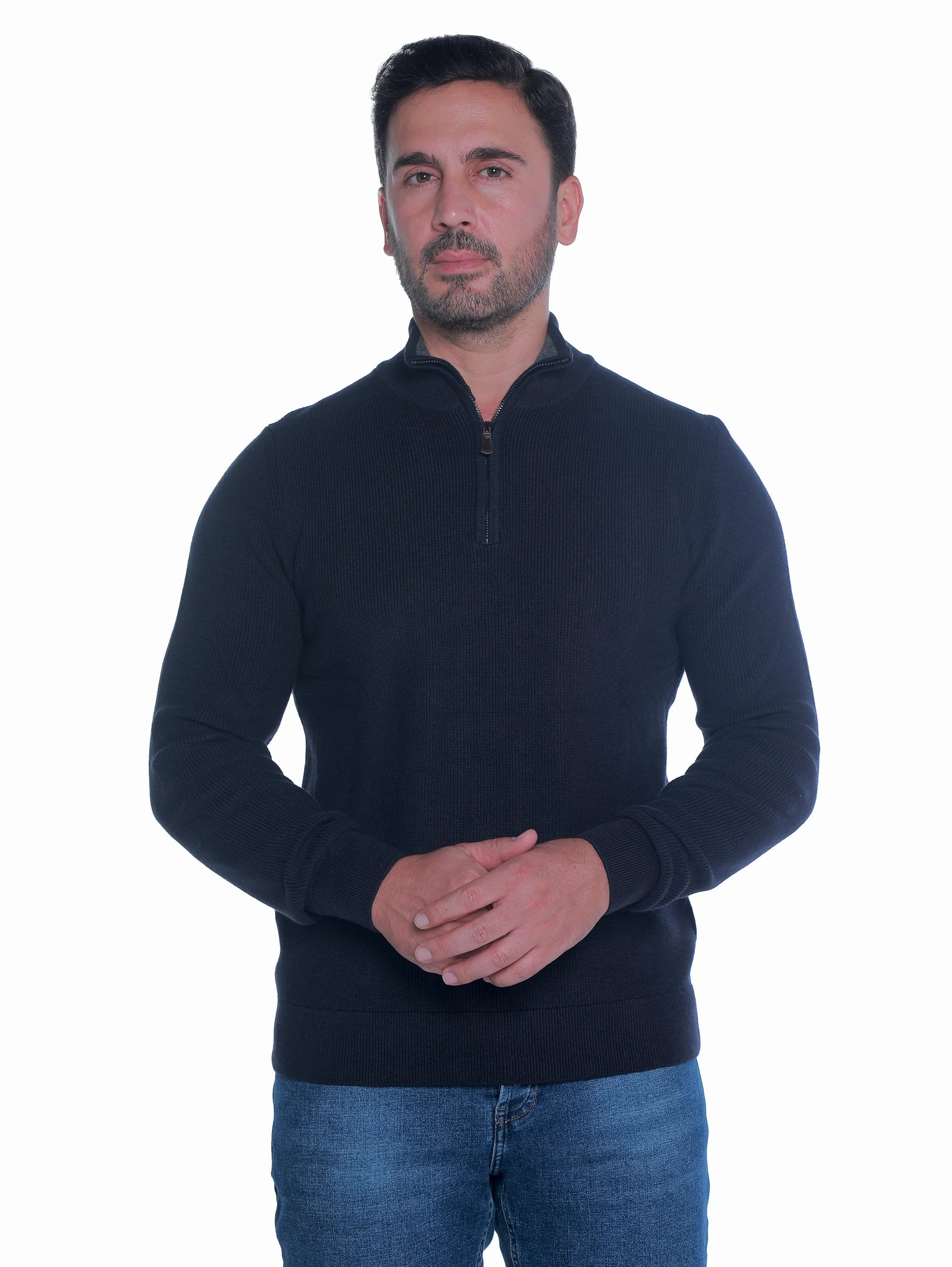 Long Sleeved Navy Pullover With Thin Ribbed Design