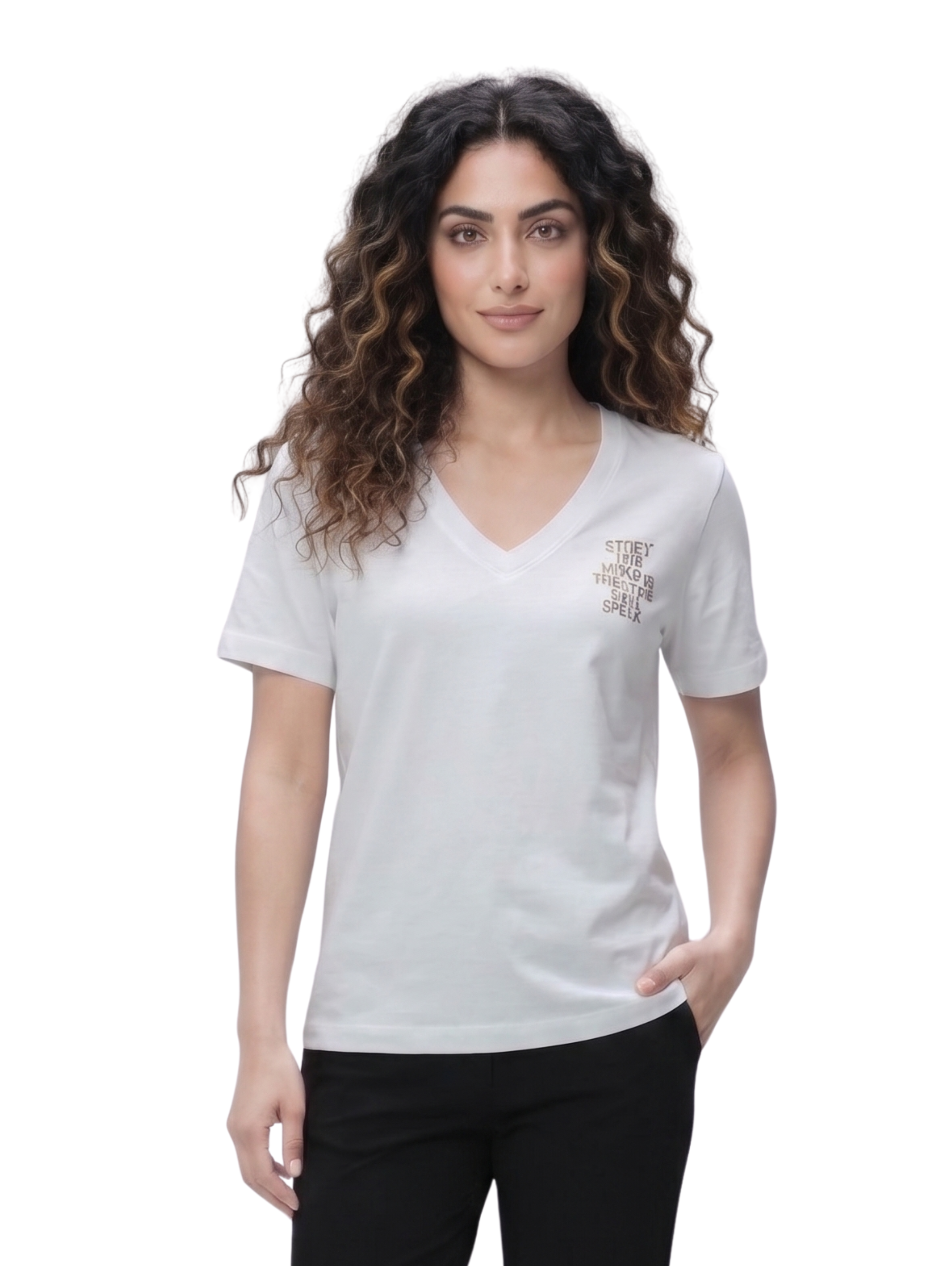 Off White Short Sleeved V Neck T-Shirt With Printed Design