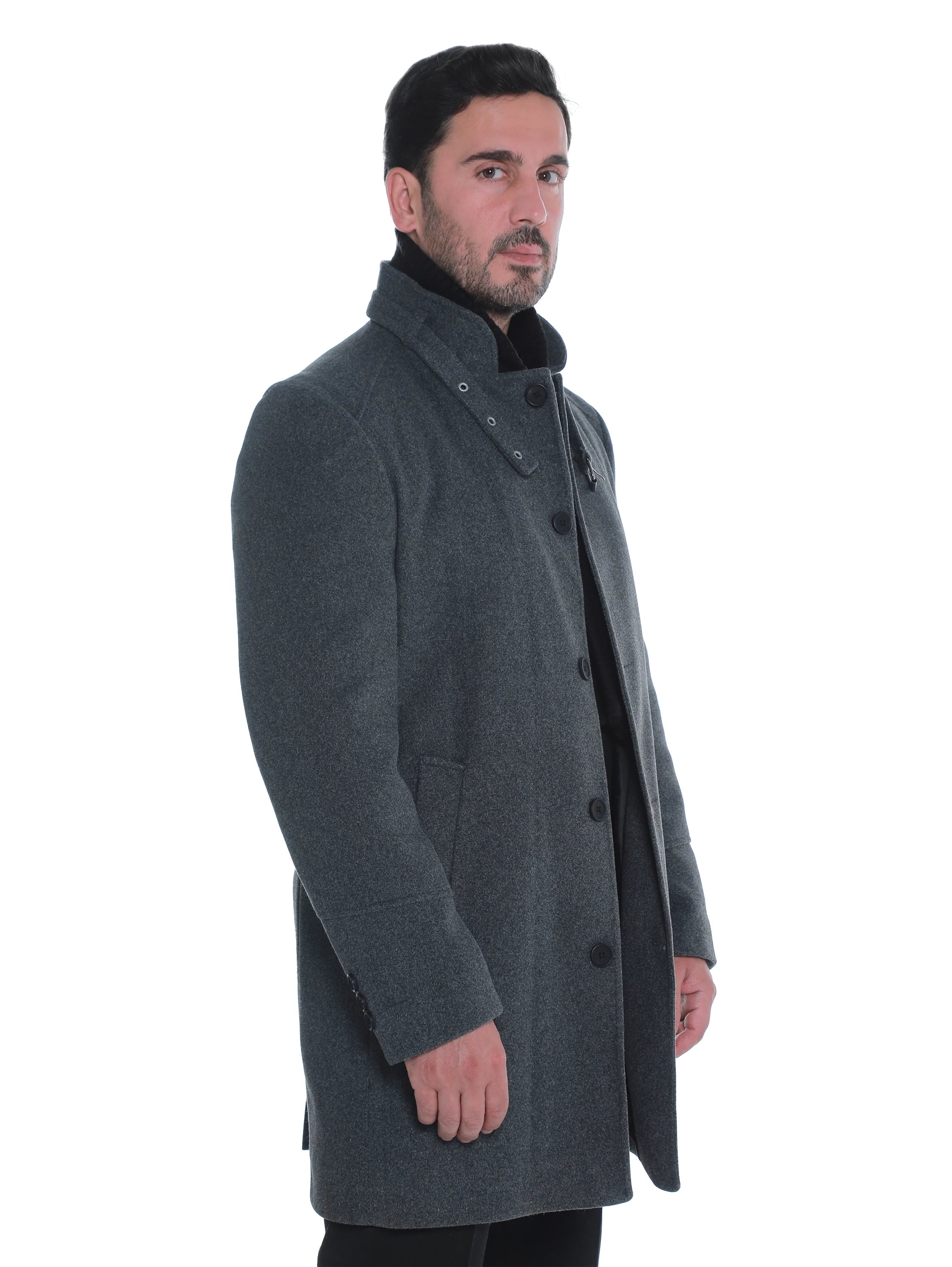 Dark Grey Buttoned Coat With Stand Up Collar