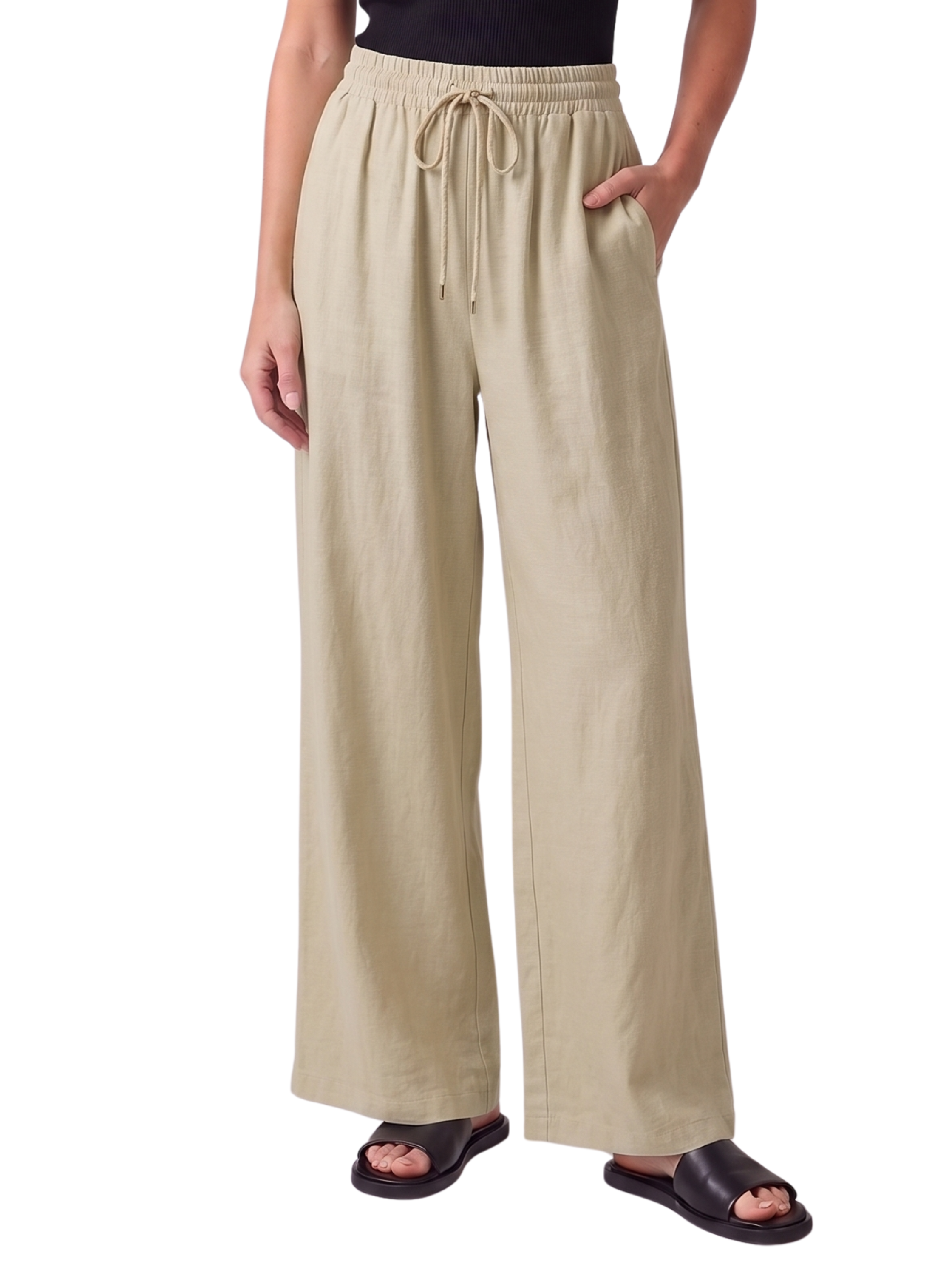 Beige Wide Leg Drawstring Linen Pants