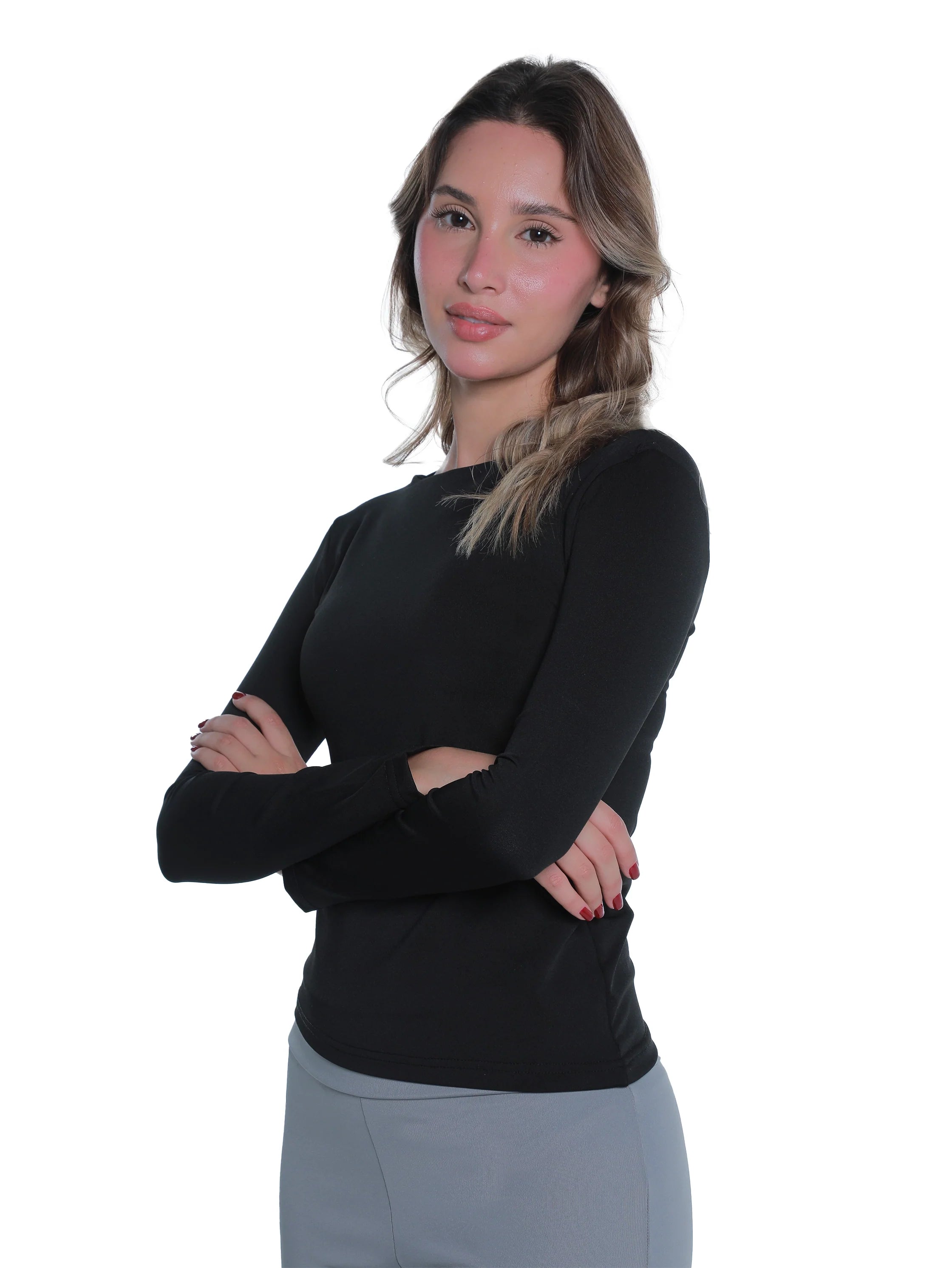 Long Sleeved Black Basic Top Round Neck