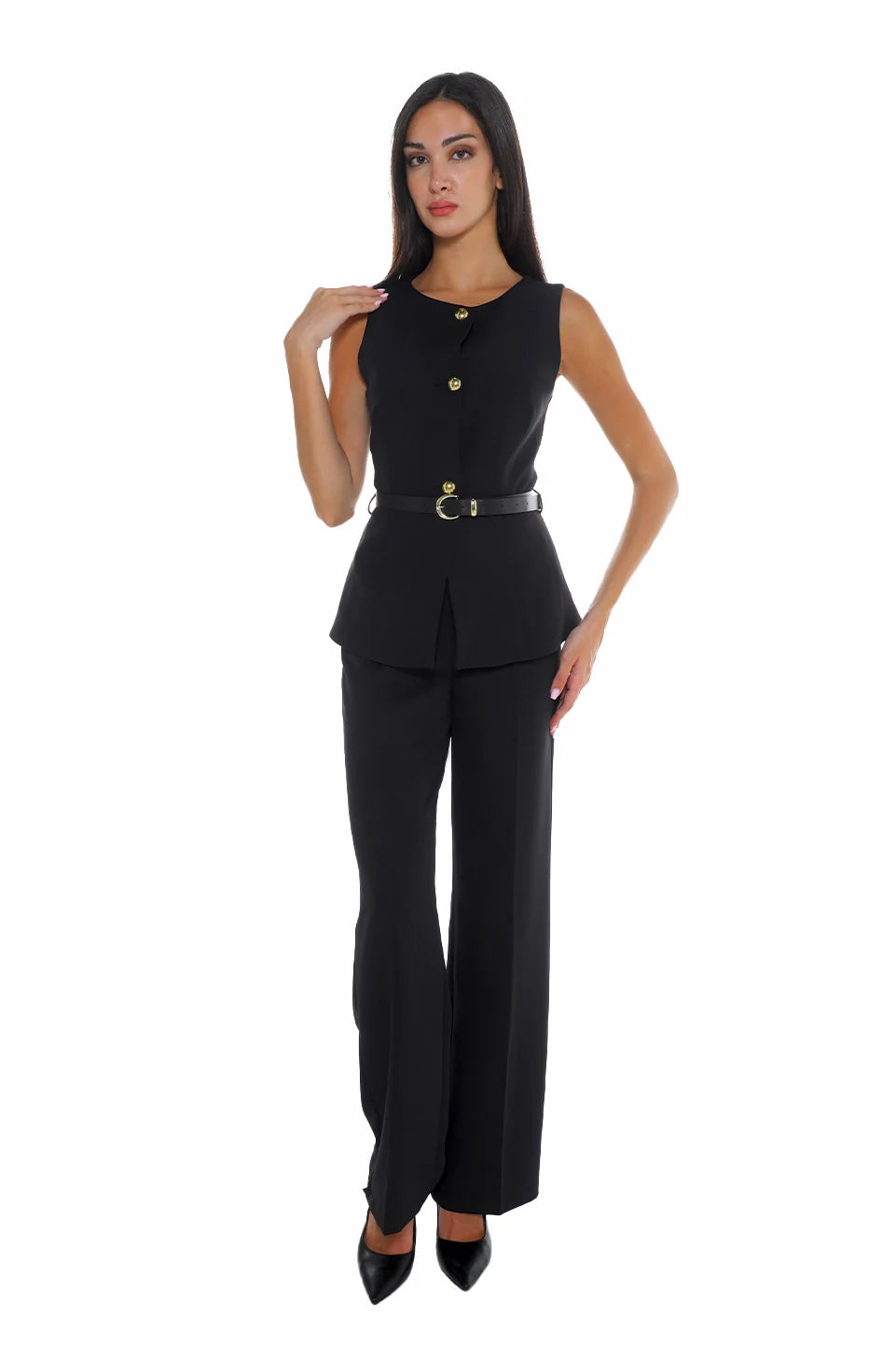 Black Pant & Vest Set With Waisted Belt