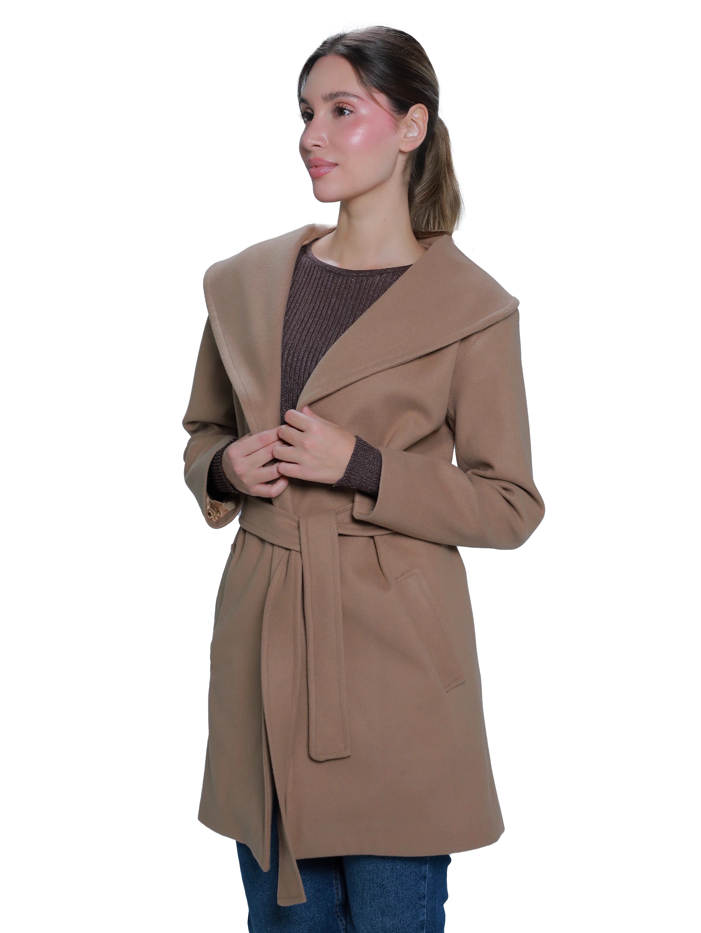 Camel Warm Belted Coat With Open Collar