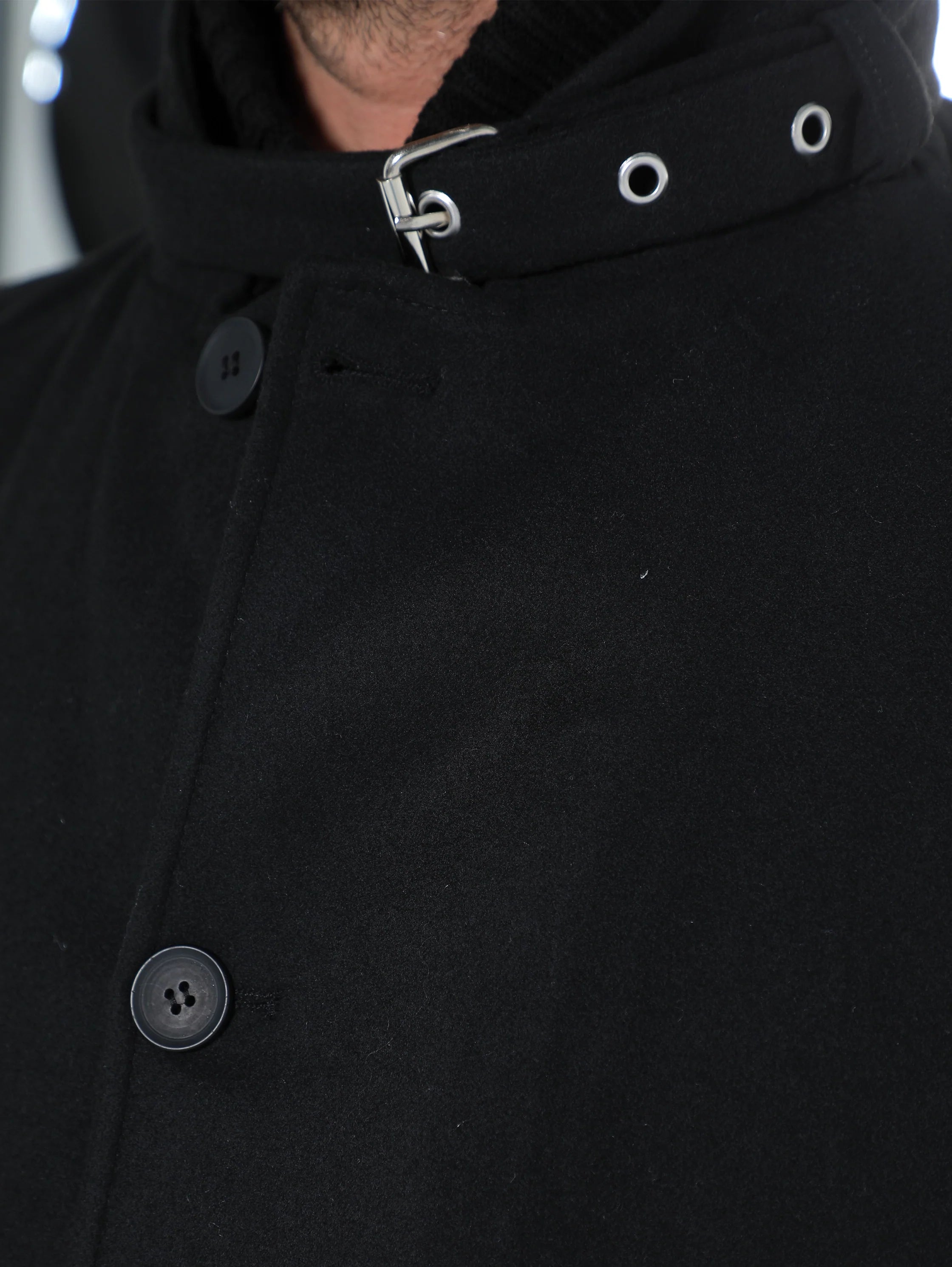 Black Buttoned Coat With Stand Up Collar