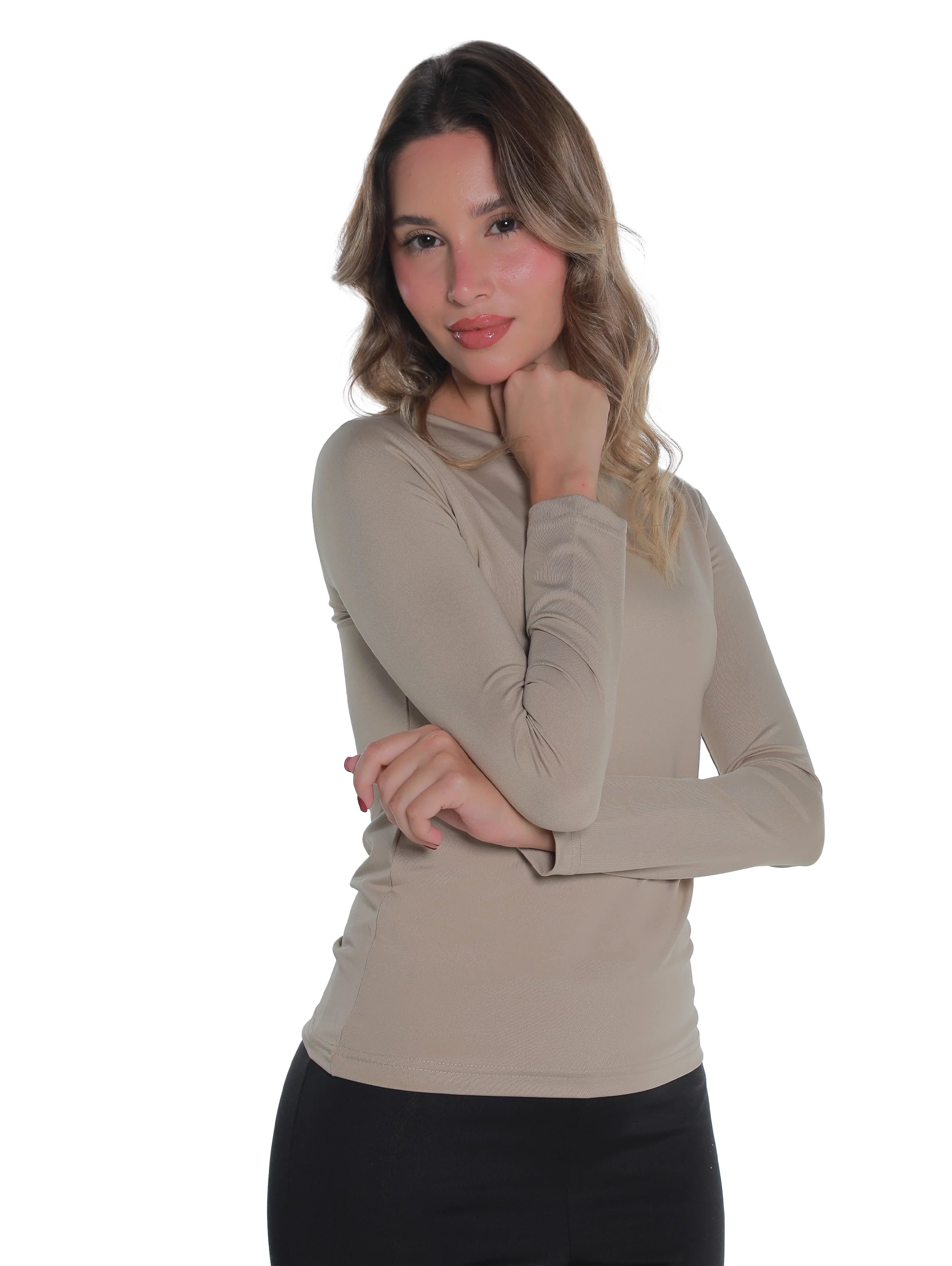 Long Sleeved Beige Basic Top Round Neck