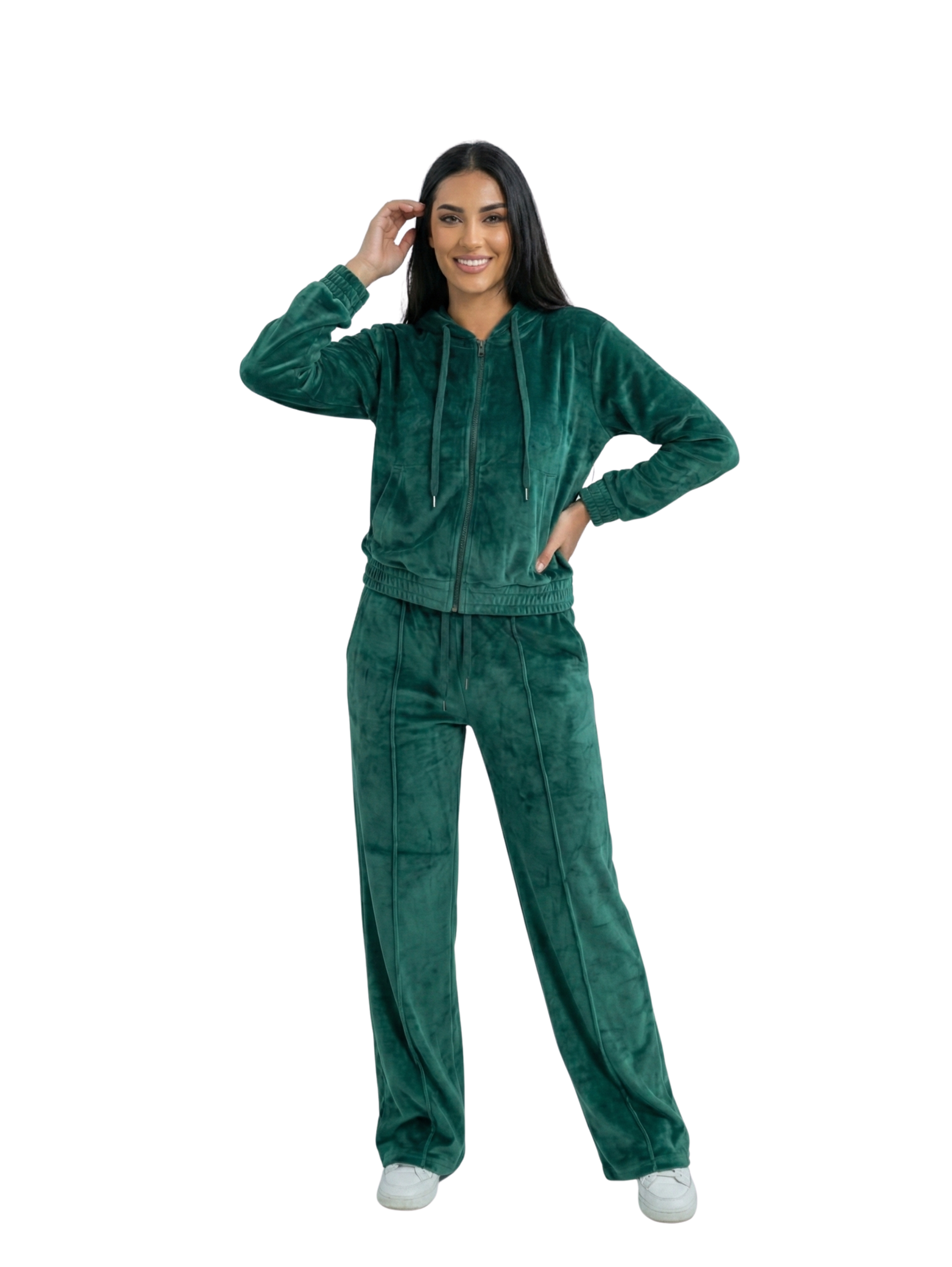 Long Sleeve Velvet Jacket With Jogging Green Set