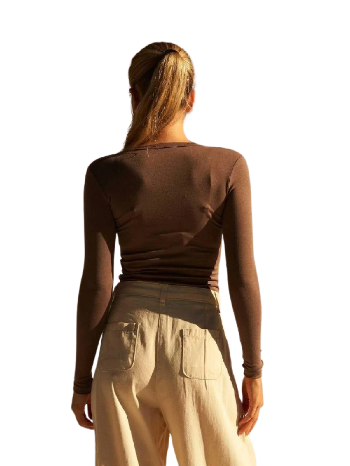 Button-Front Ribbed Crewneck D.Brown Blouse