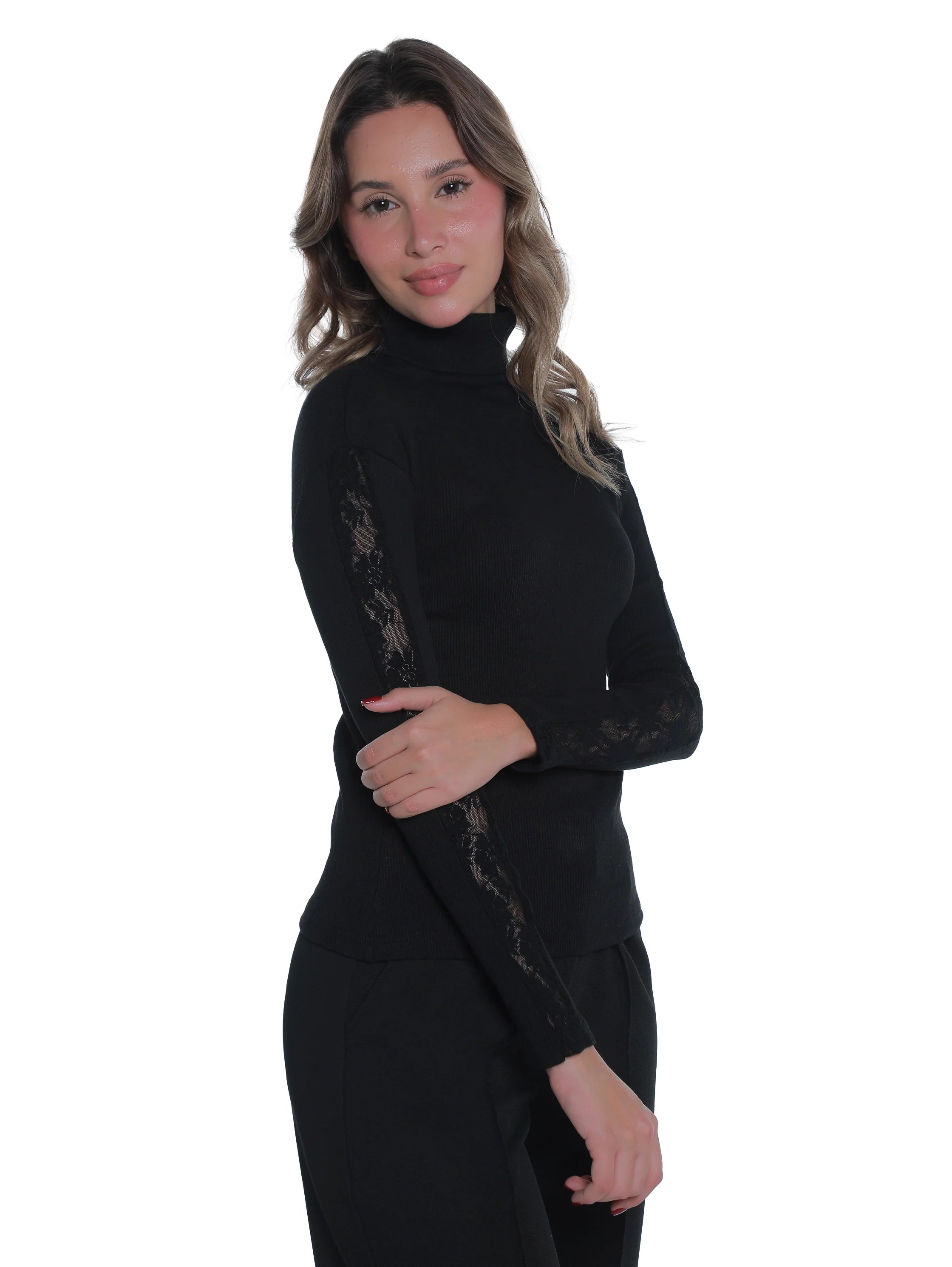 High Neck Black Ribbed Top With Sleeves Design