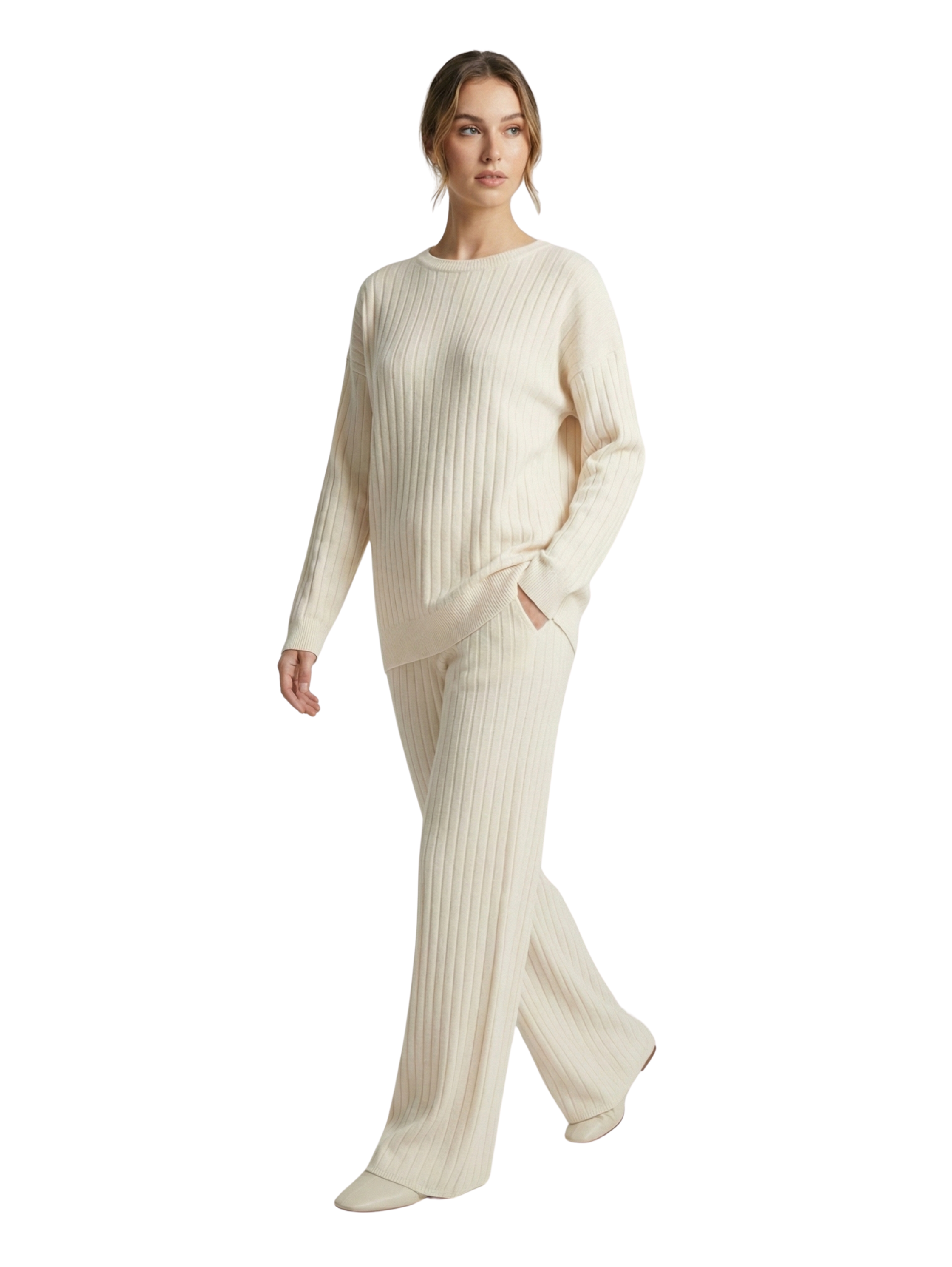 Warm Ribbed Pant & Sweater Offwhite Set