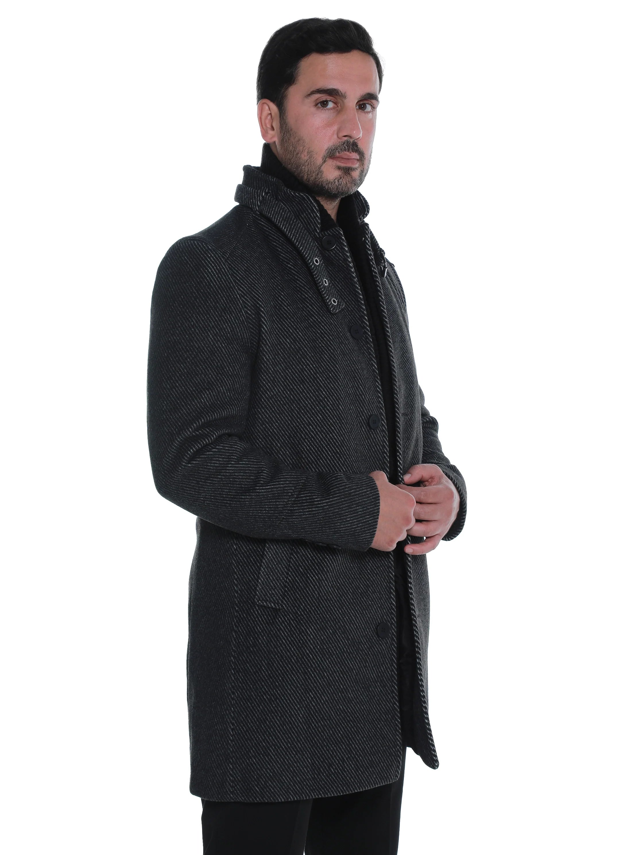 Black Buttoned Coat With Side Slanted Pockets