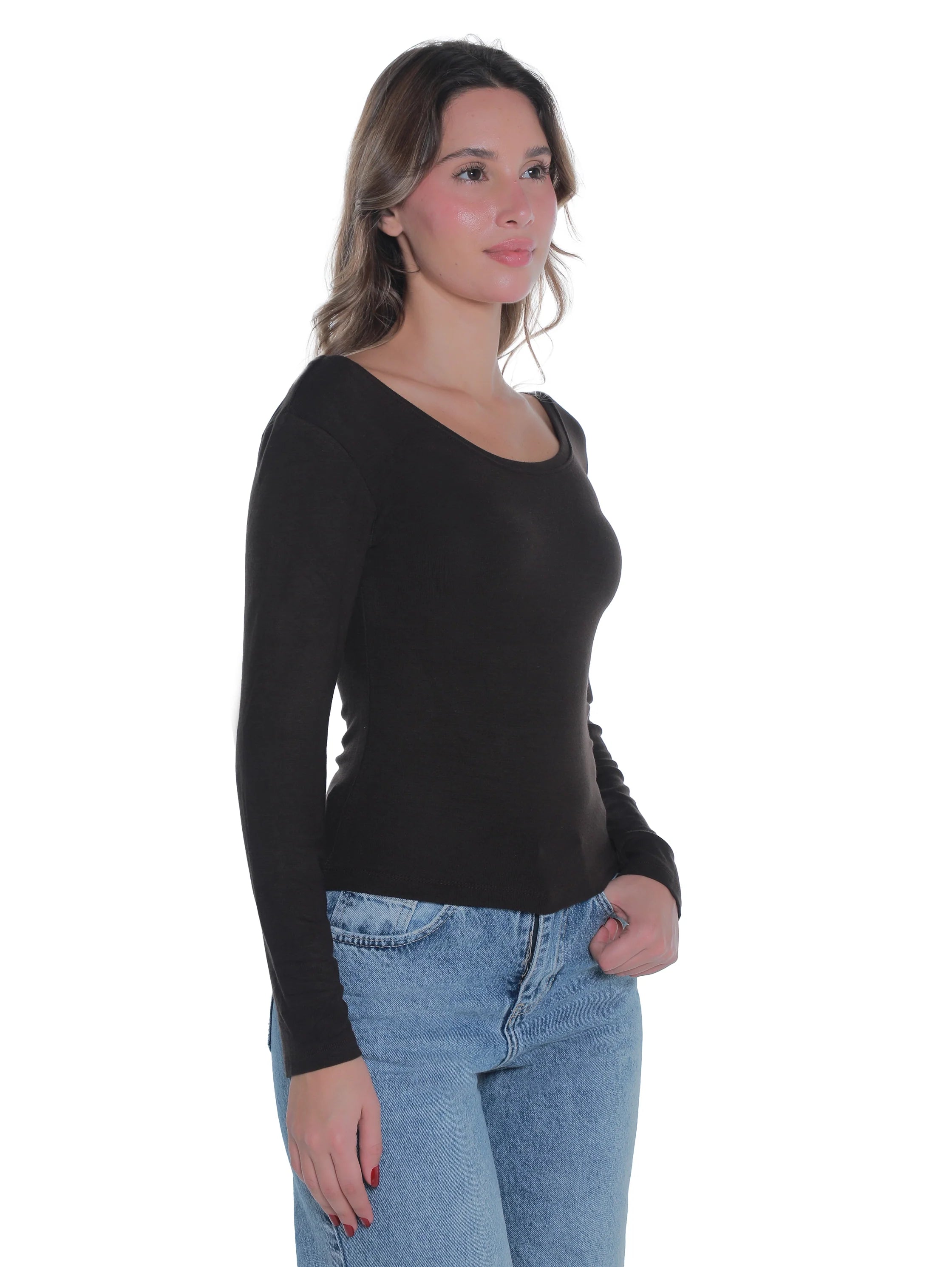 Brown Top With Open Boat Neck