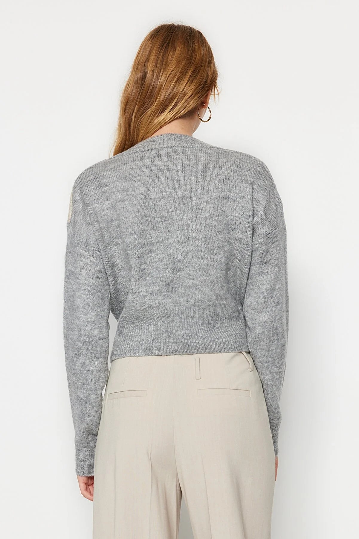 Trendyol Beige & White Crop Designed Sweater