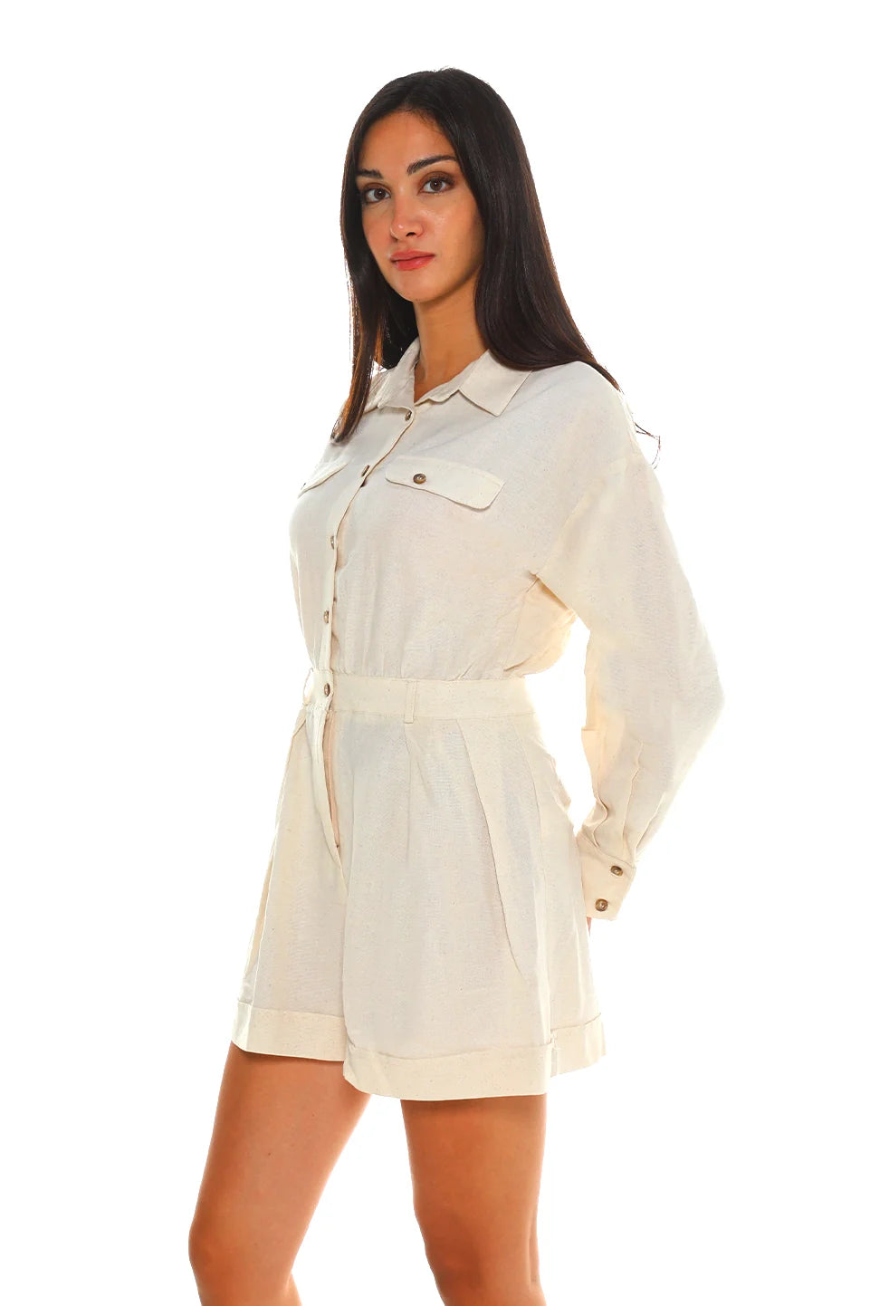 Casual Buttoned Short Beige Jumpsuit
