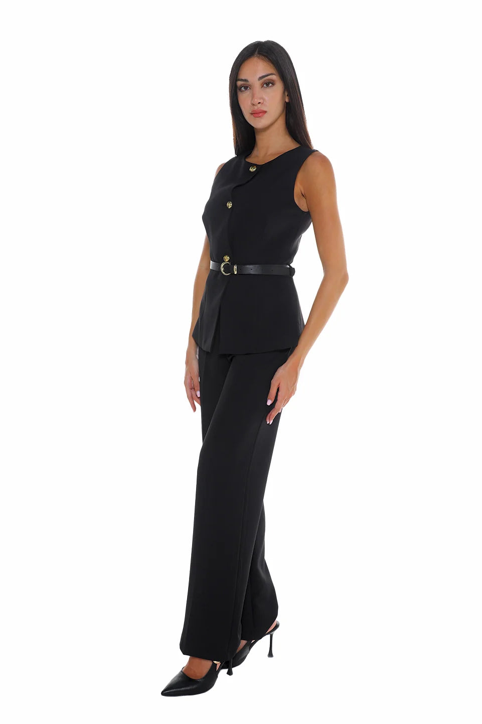 Black Pant & Vest Set With Waisted Belt